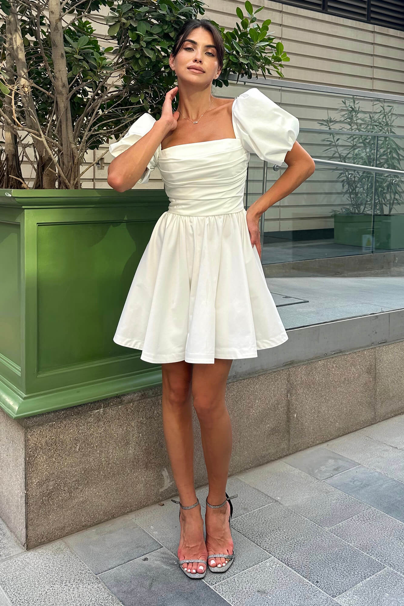 Puffy Sleeve Draped Bodice Mini Dress
