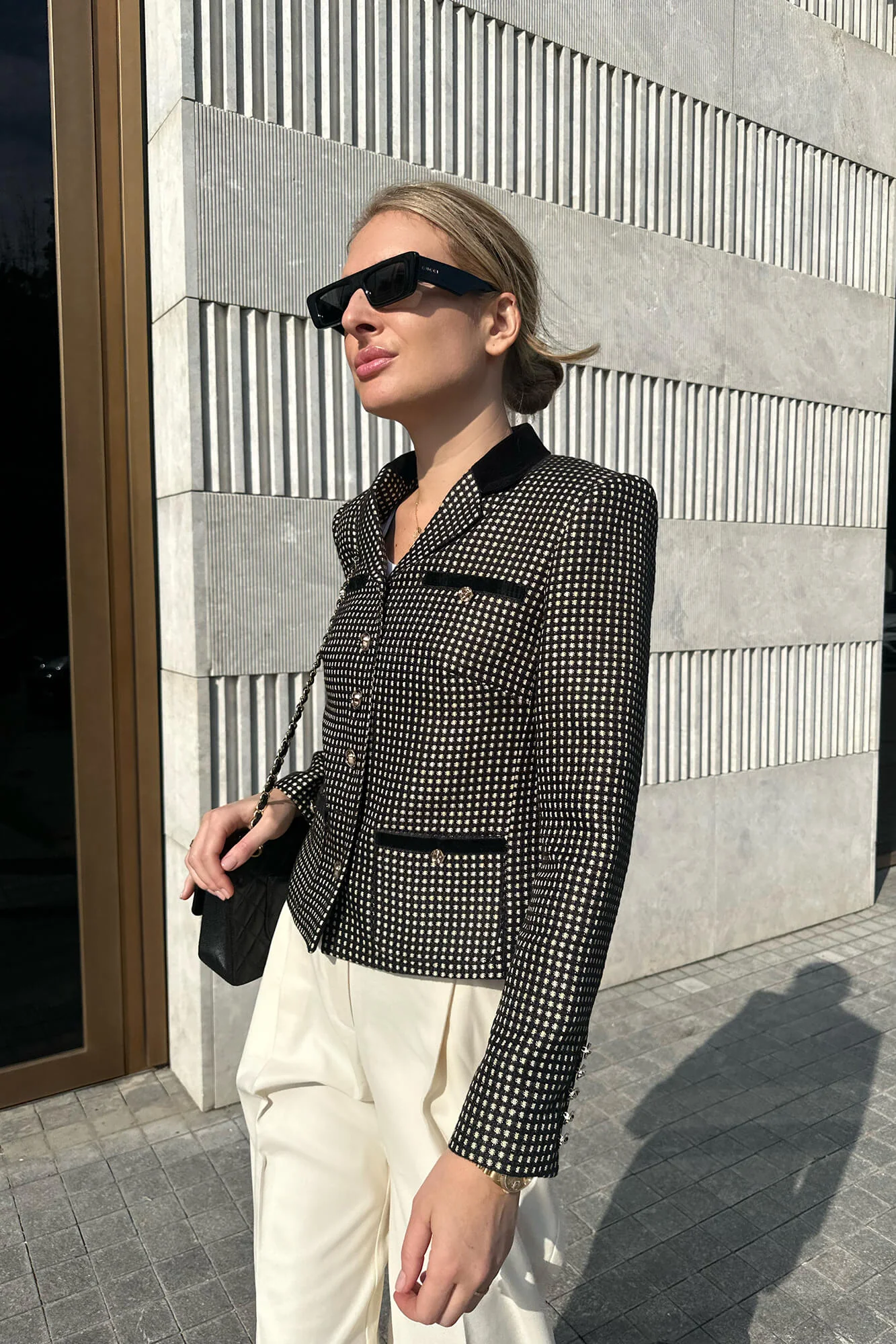 Single Breasted Velvet Trim Plaid Jacket