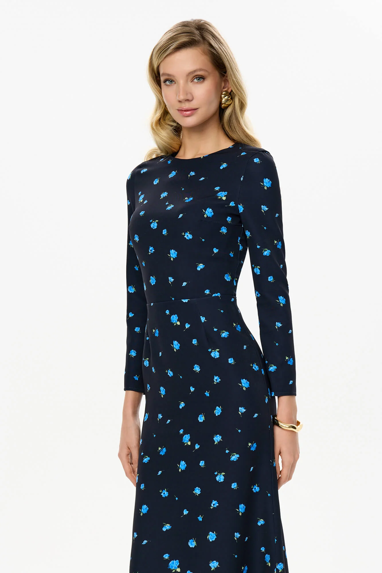 Godet Silhouette Long Sleeve Floral Midi Dress
