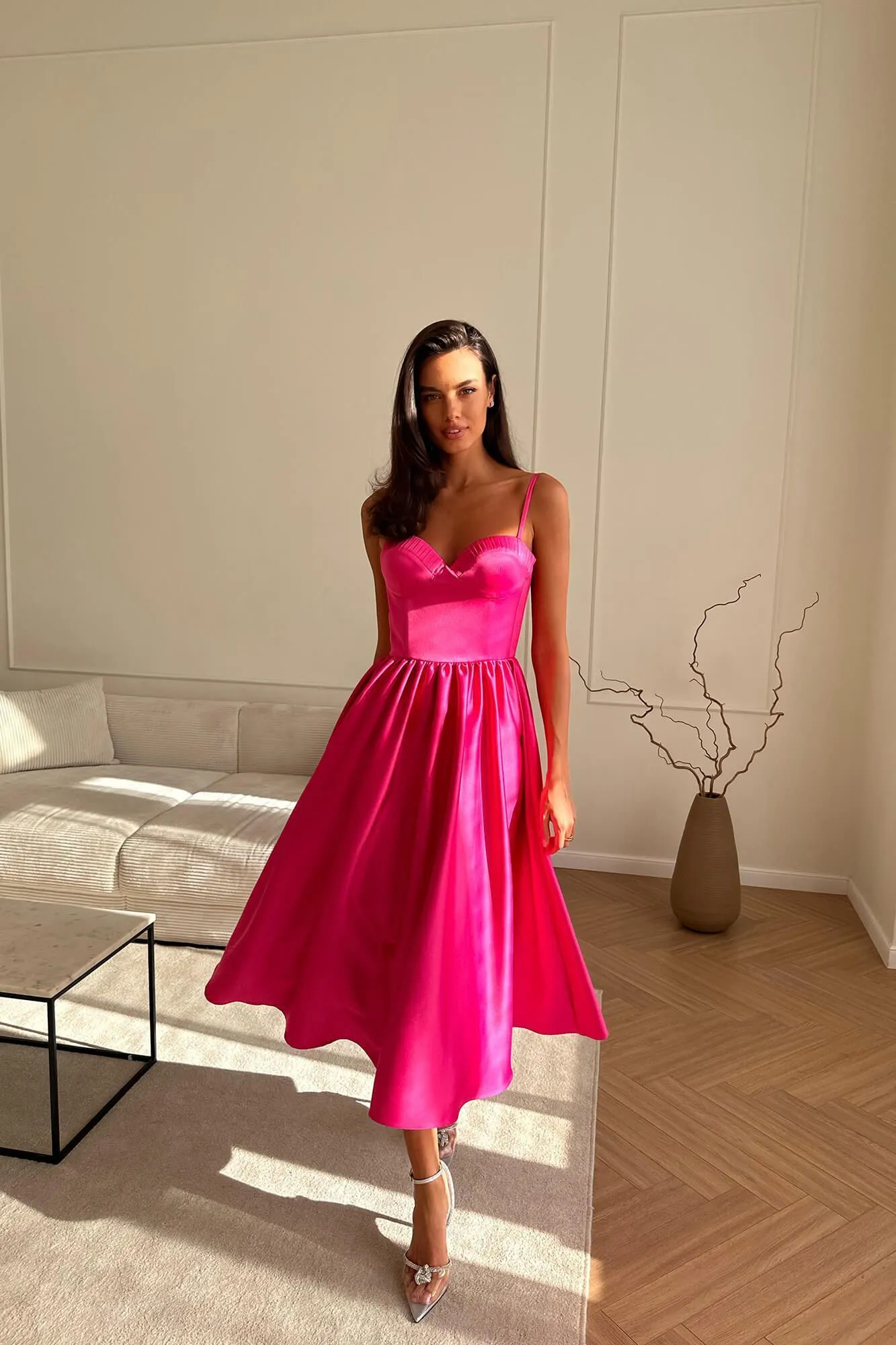Bustier Pleated Bust Cups Midi Dress