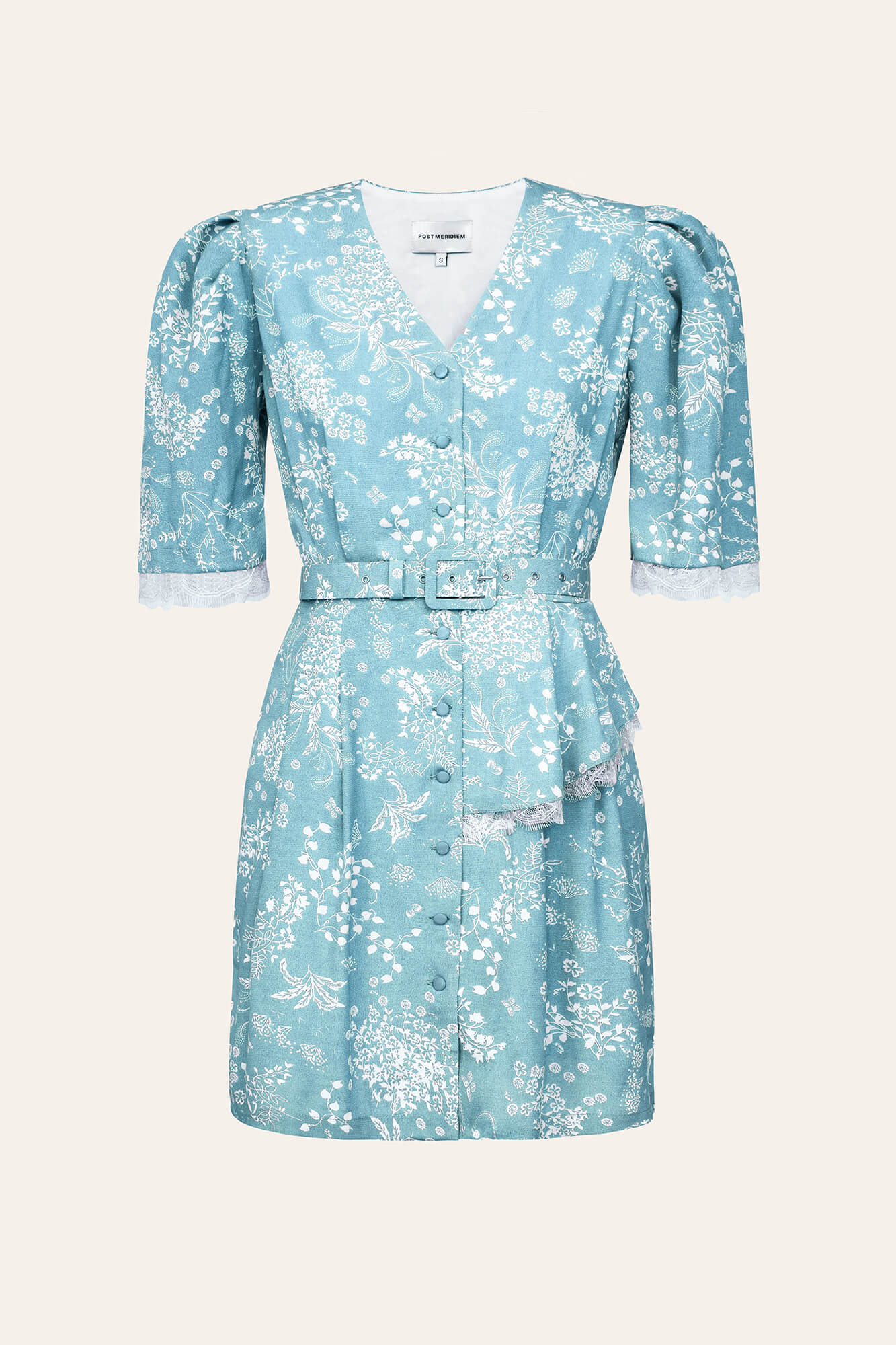 Lace Decorated Button Front Mini Dress with Belt