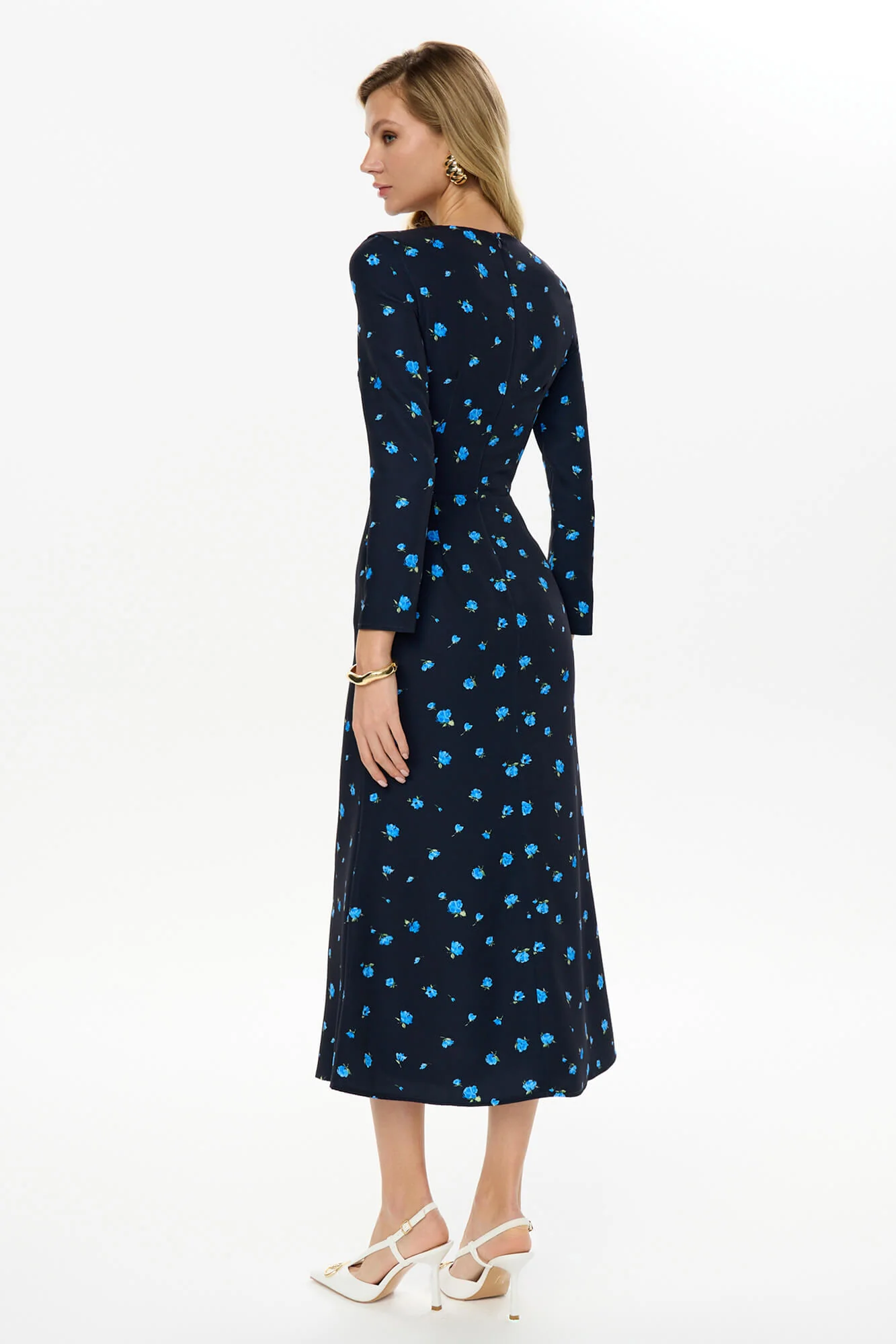Godet Silhouette Long Sleeve Floral Midi Dress