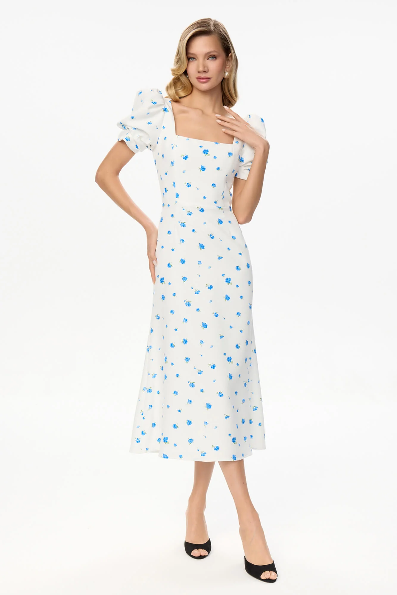 Godet Silhouette Square Neck Midi Dress