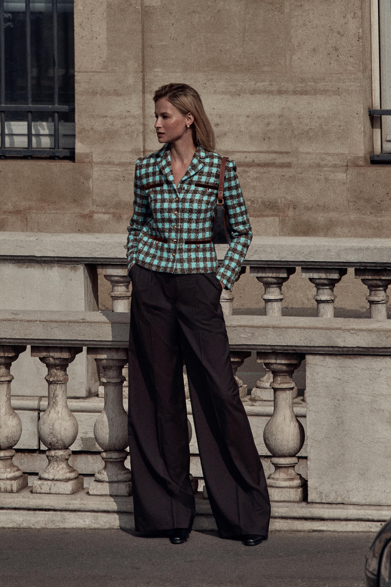 Single Breasted Velvet Trim Plaid Jacket