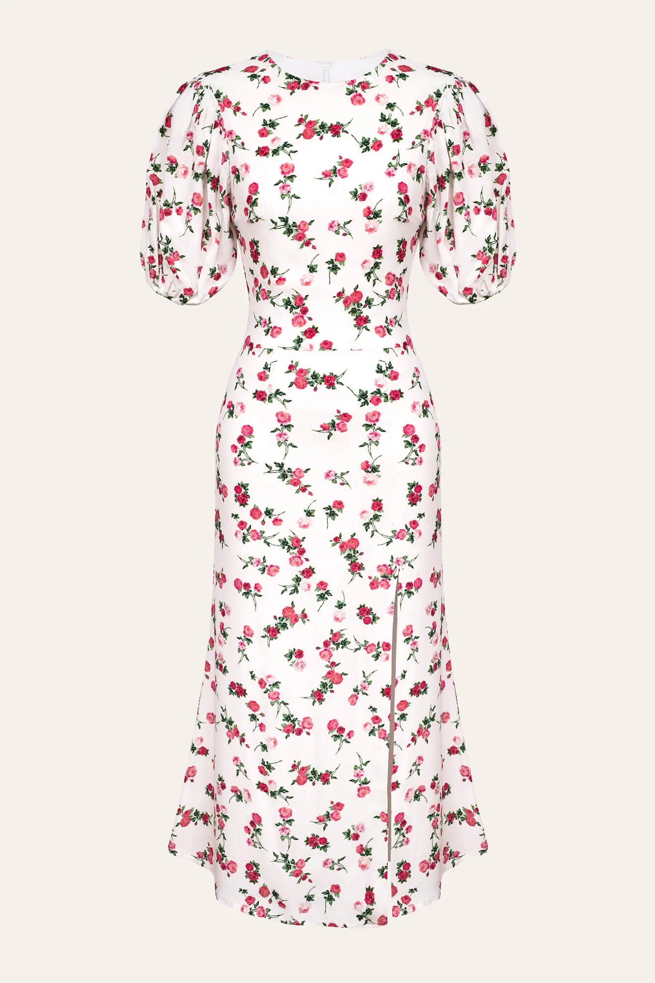 Viscose Puff Sleeve Slit Midi Dress