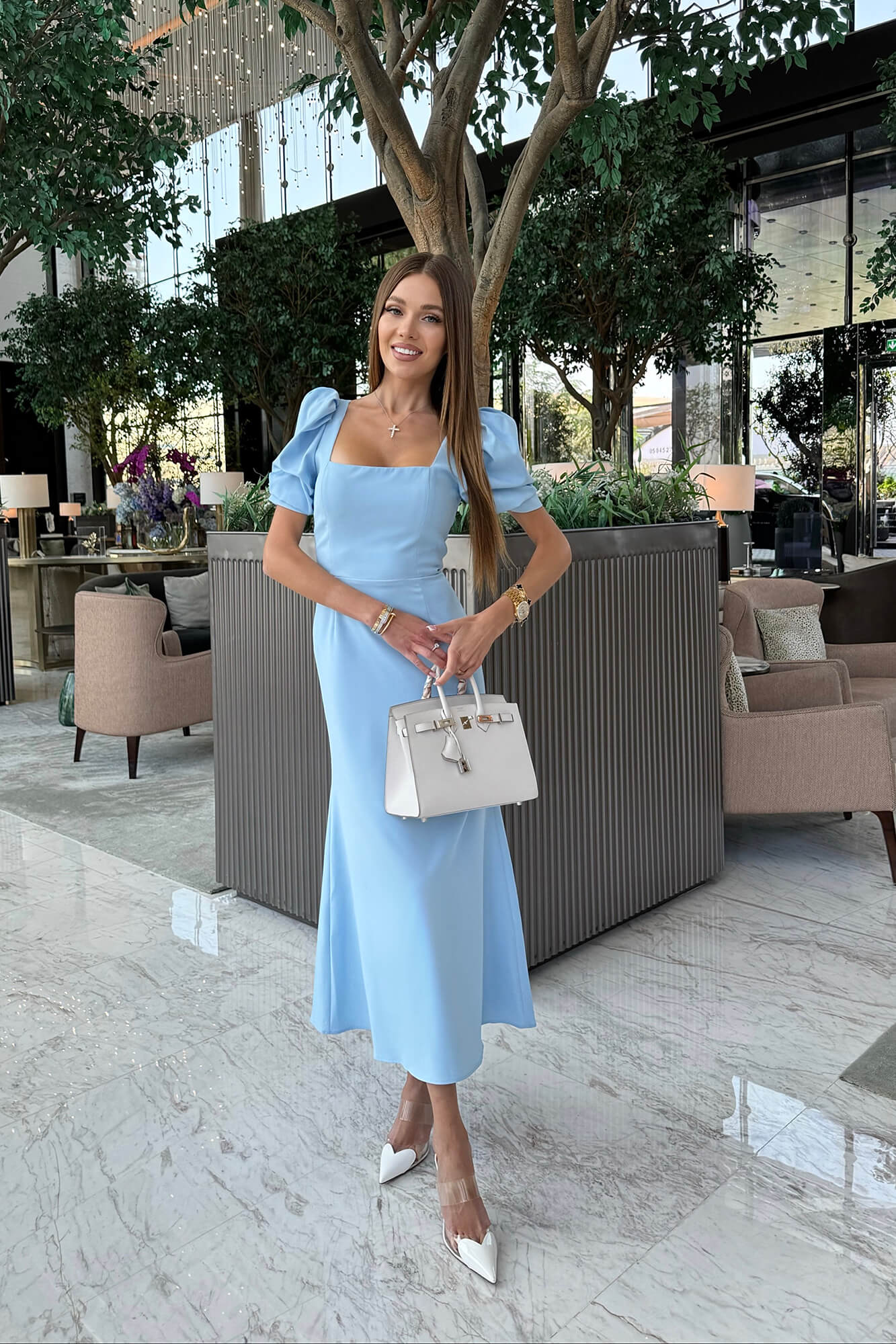 Godet Silhouette Square Neck Midi Dress