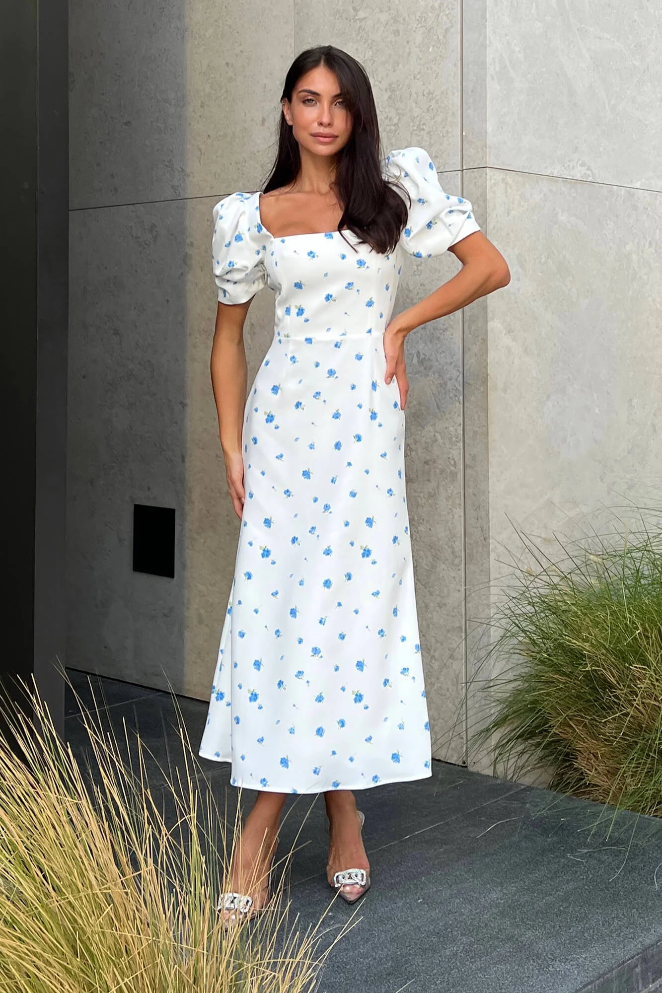 Godet Silhouette Square Neck Midi Dress