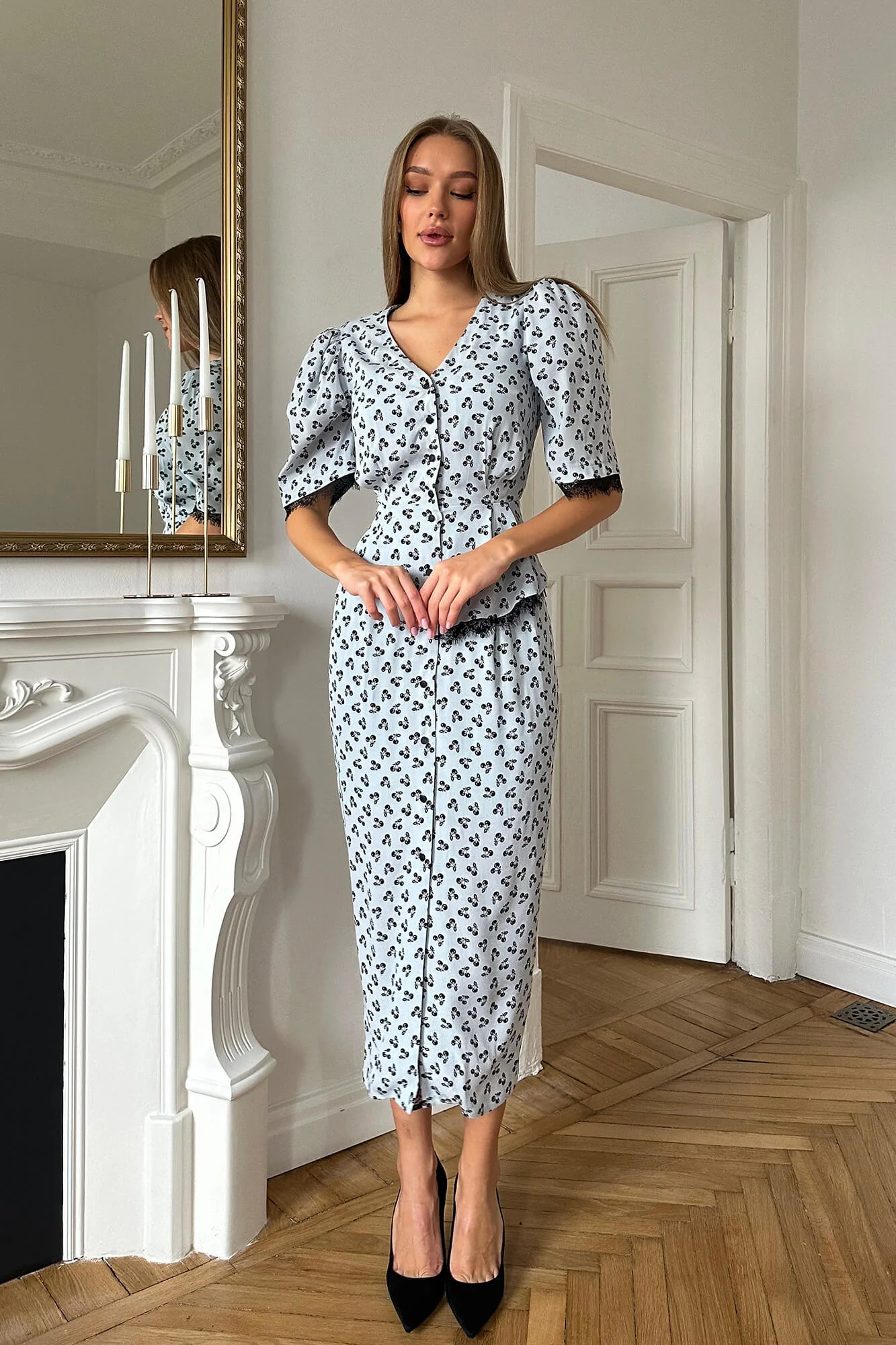 Lace Decorated Button Front Midi Dress