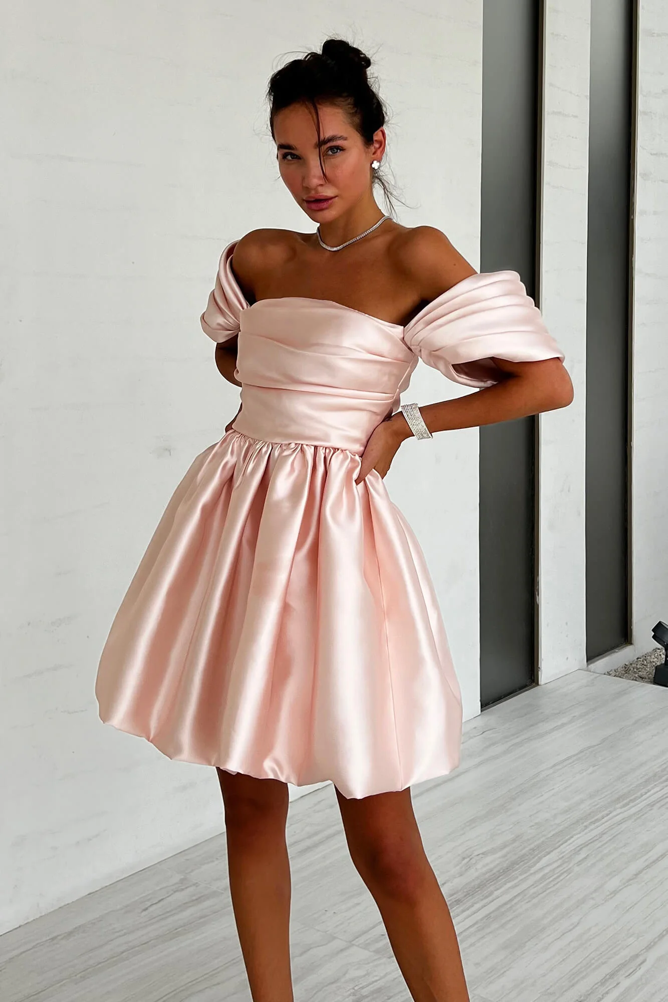 Draped Bodice Puffy Skirt Mini Dress