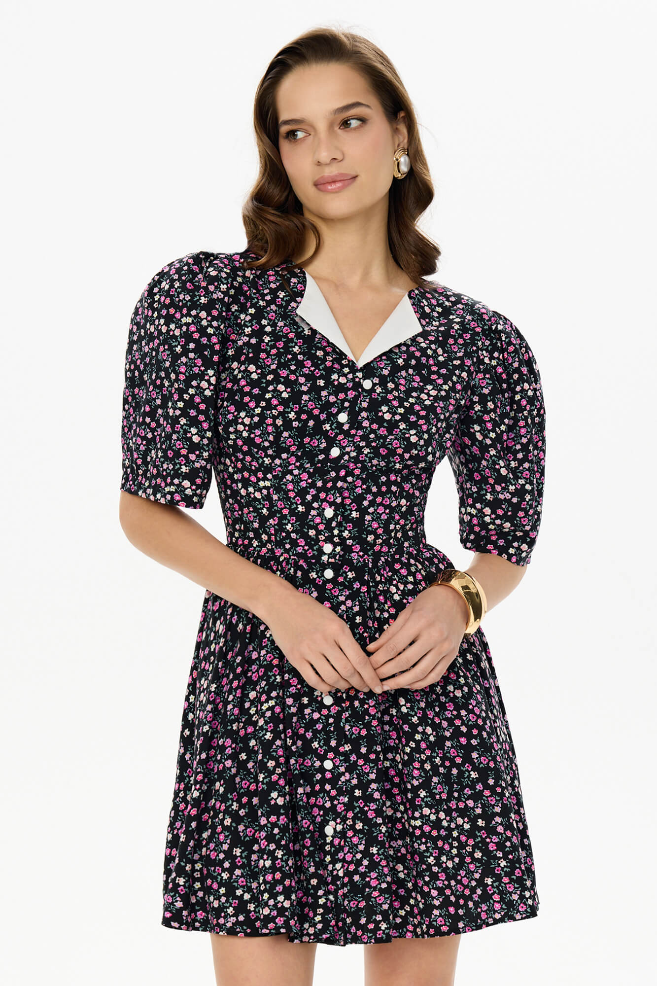 Short Sleeve Buttoned Mini Dress