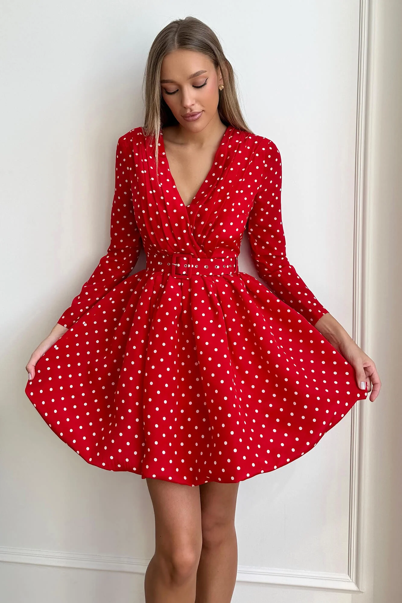 Long Sleeve Pleated Bodice Mini Belted Dress