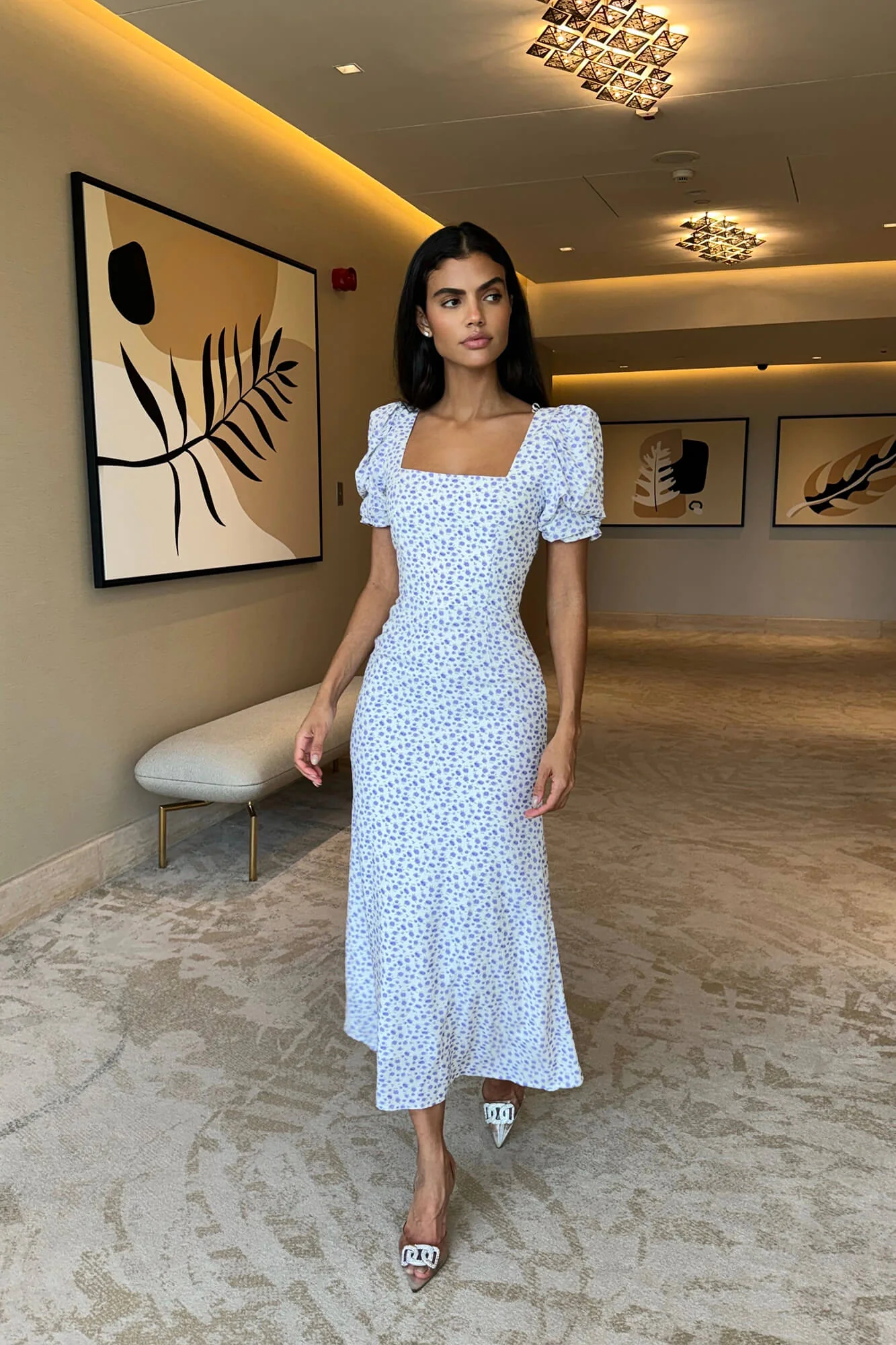 Godet Silhouette Square Neck Midi Dress