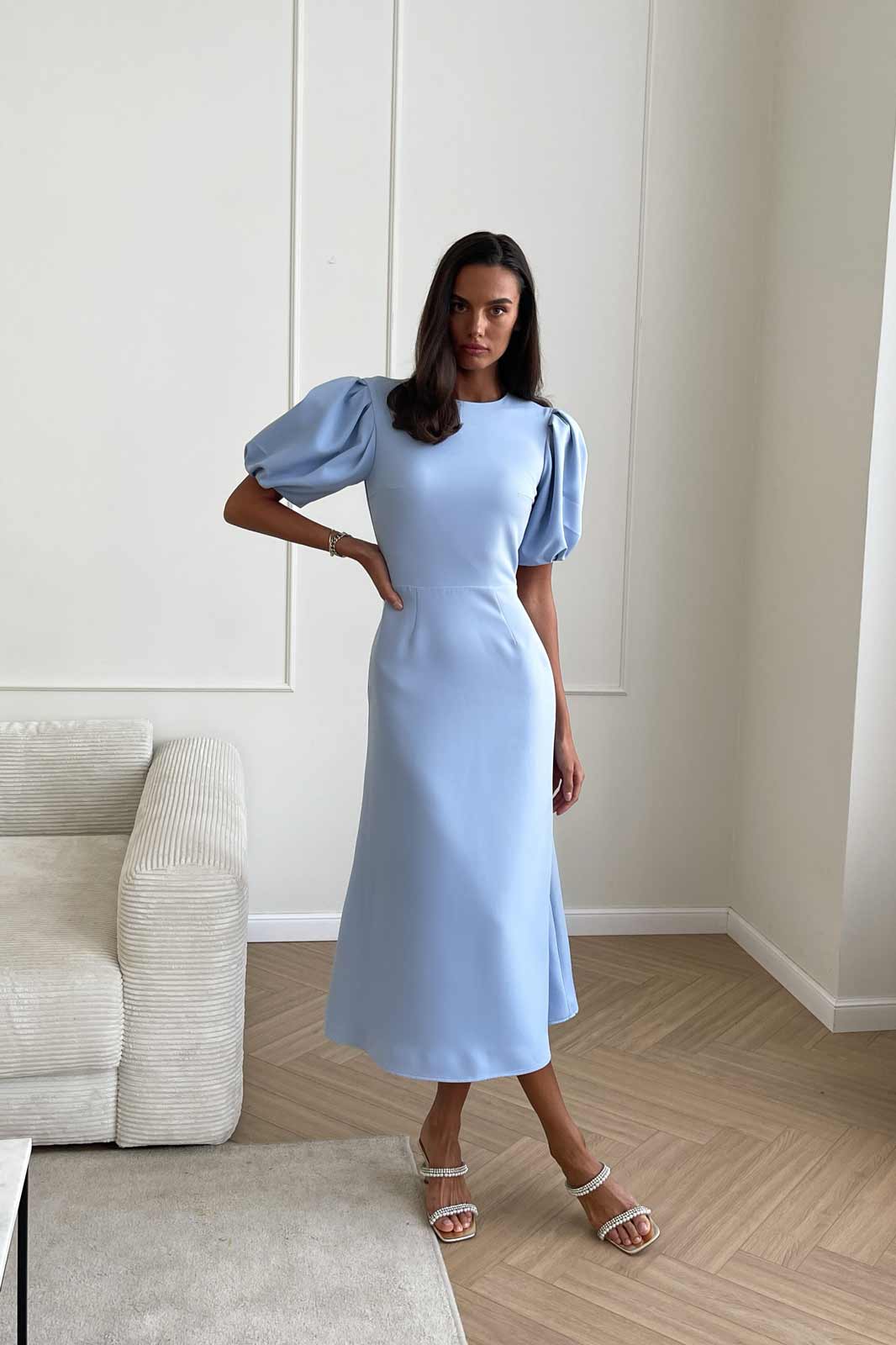 Godet Silhouette Puff Sleeve Midi Dress
