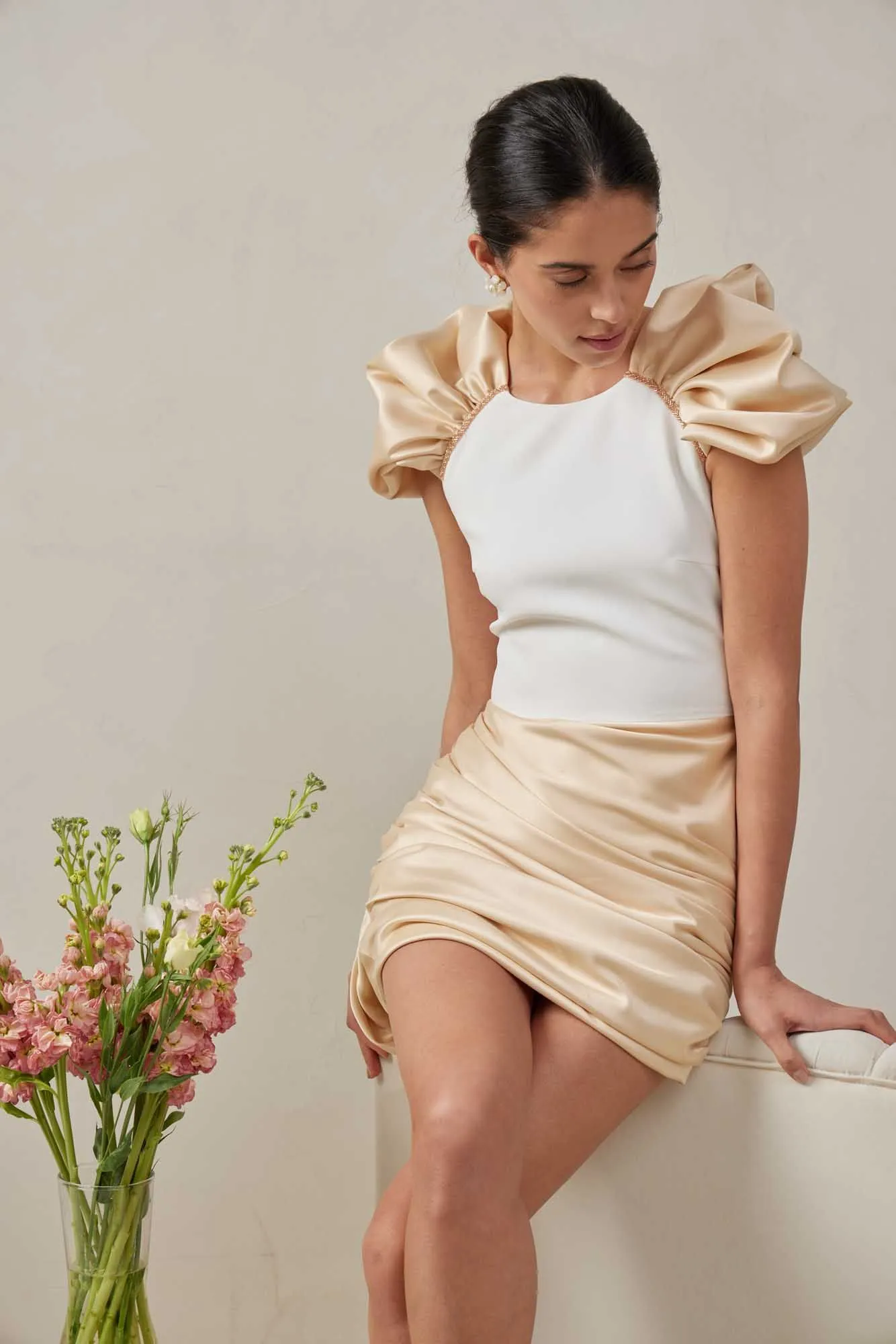 Draped Skirt Mini Dress with Sleeves