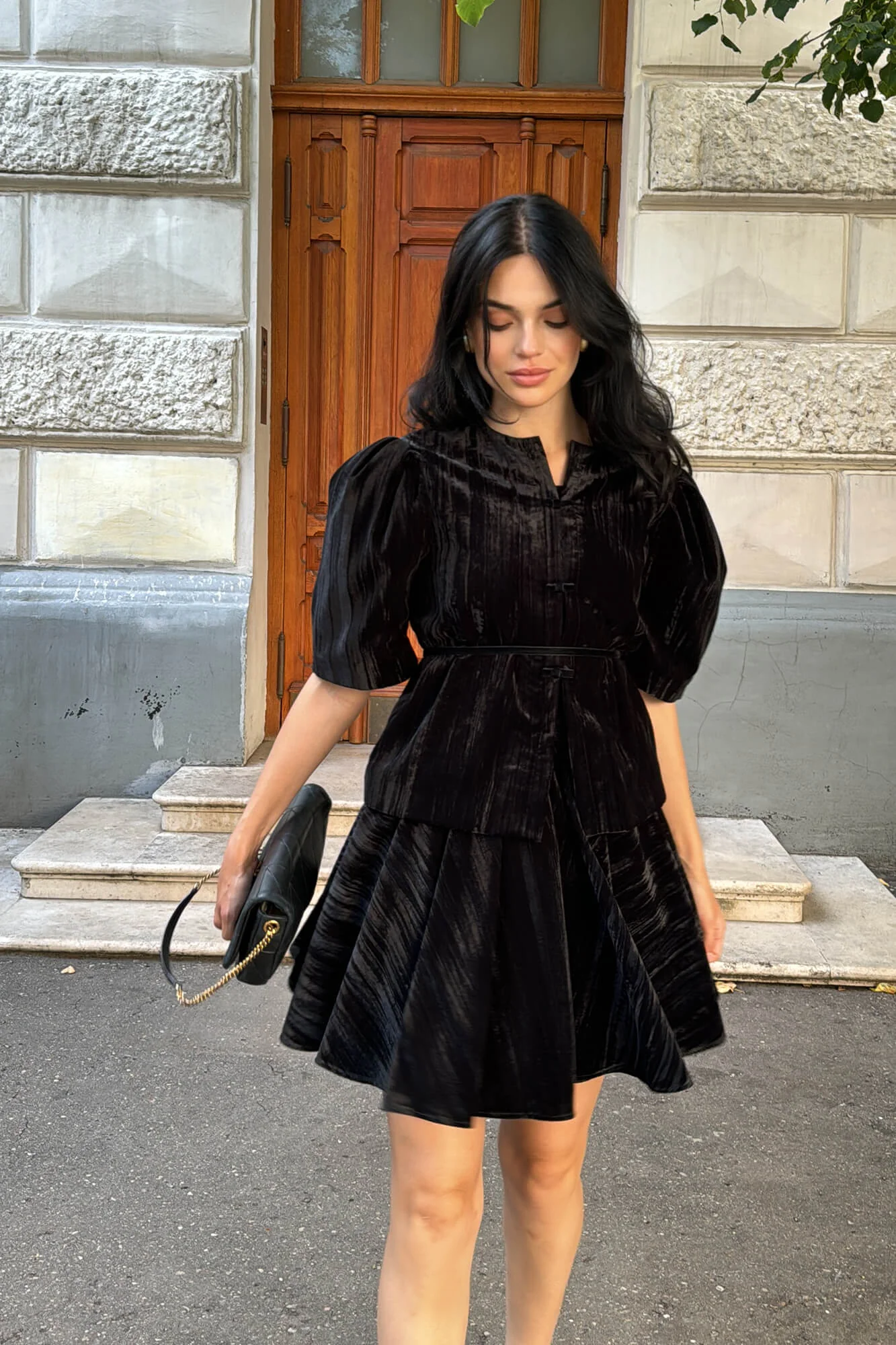 Velvet Gathered Mini Skirt