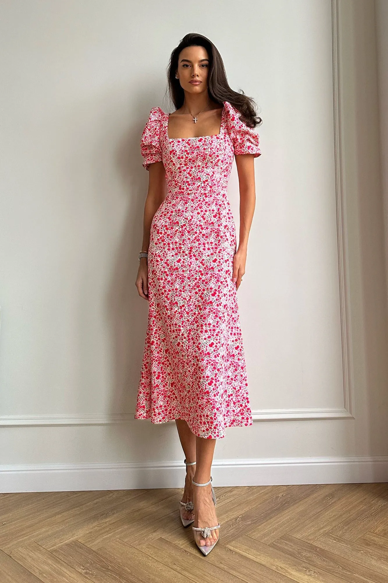 Godet Silhouette Square Neck Midi Dress