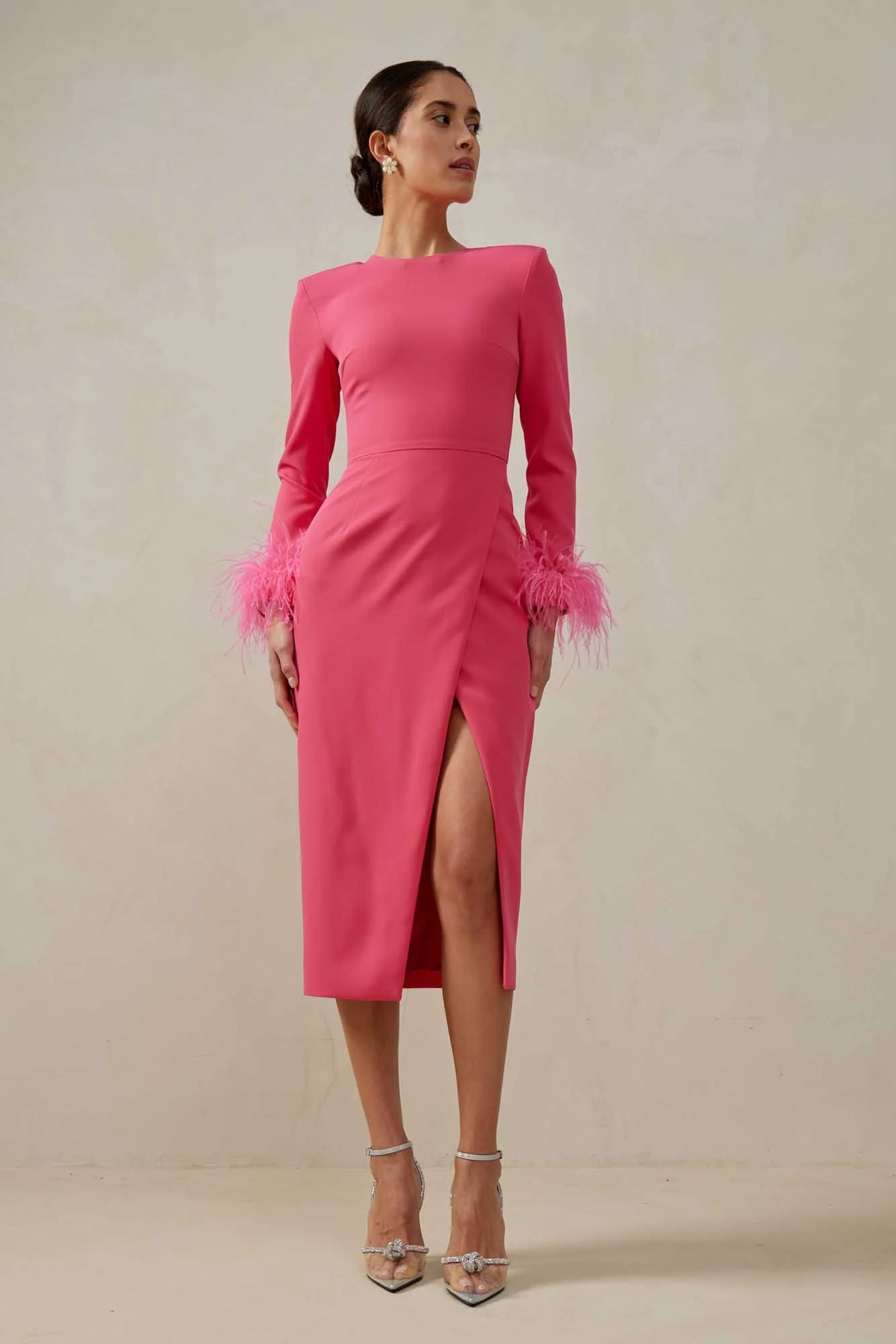 Wrap Feather Sleeve Midi Dress