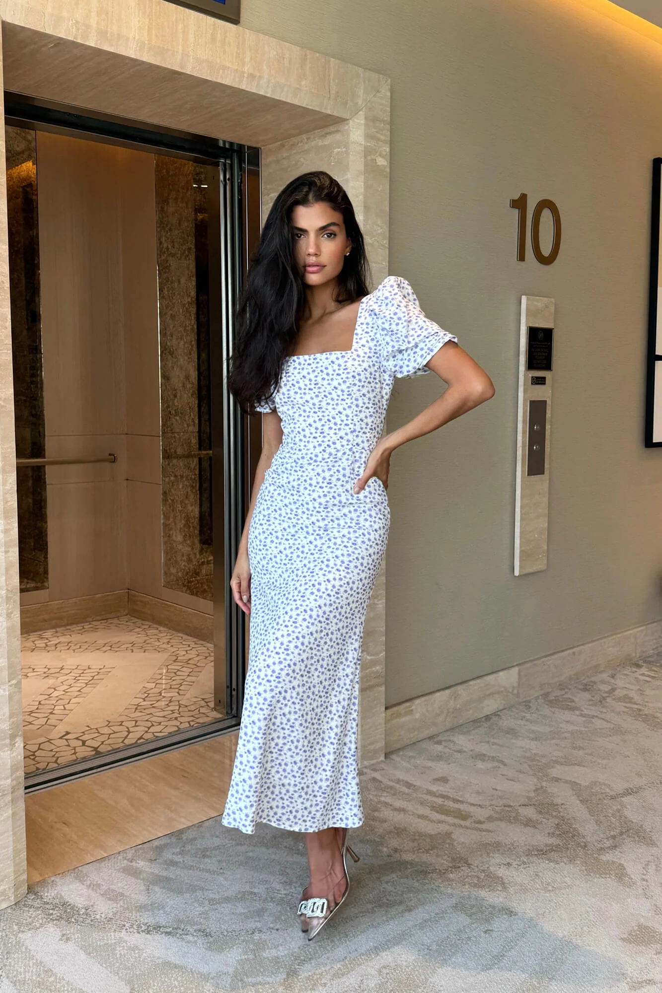 Godet Silhouette Square Neck Midi Dress