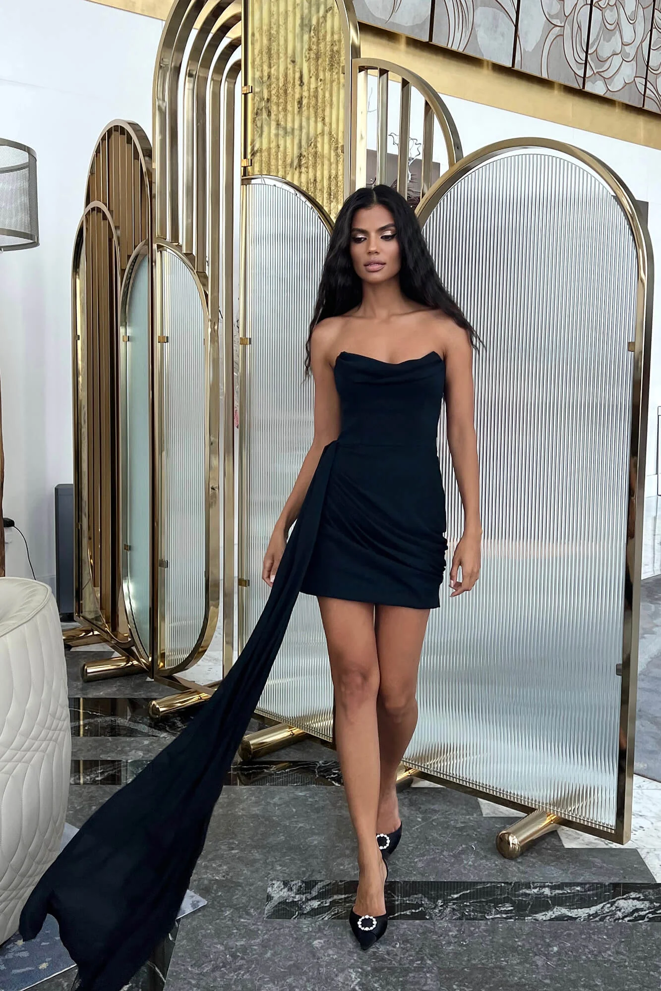 Сorset Draped Chiffon Train Mini Dress