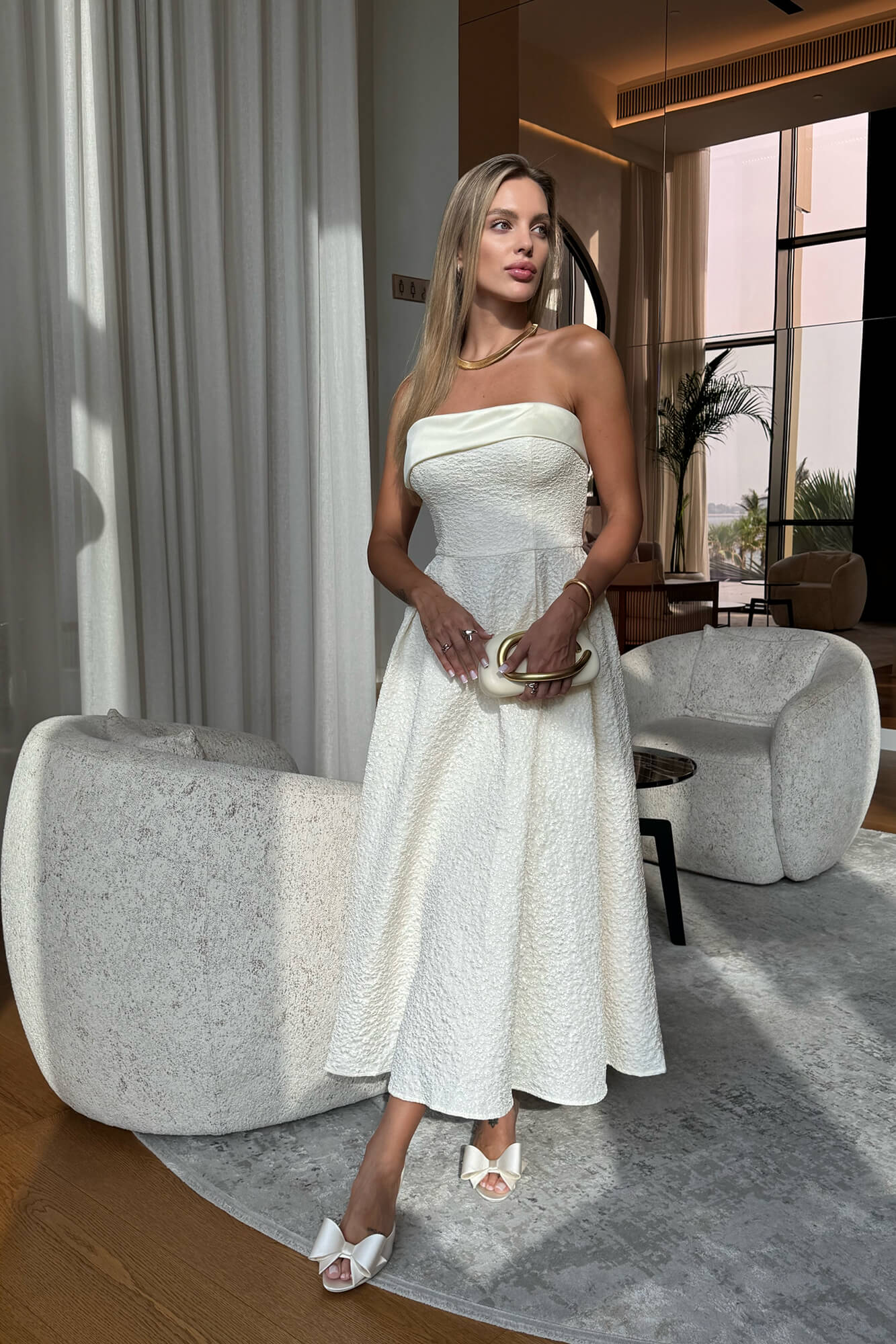 Jacquard Midi Dress with Satin Turn-up