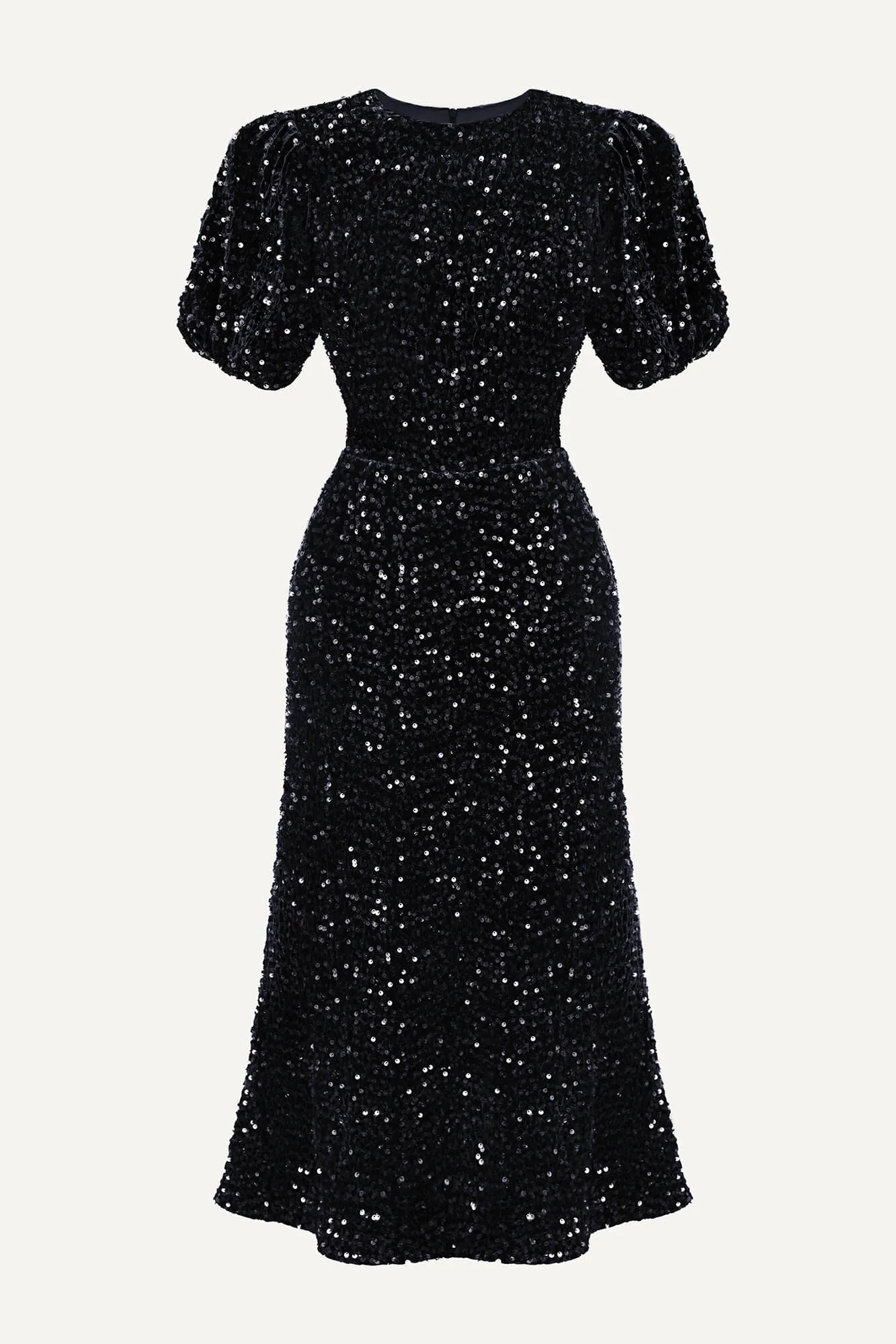 Sequin Decorated Velvet Puff Sleeve Midi Dress