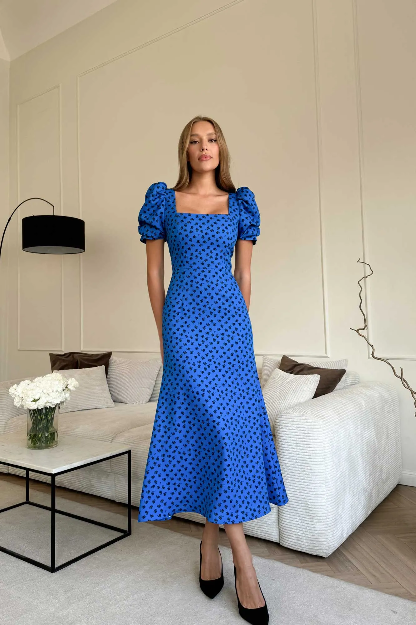 Godet Silhouette Square Neck Midi Dress