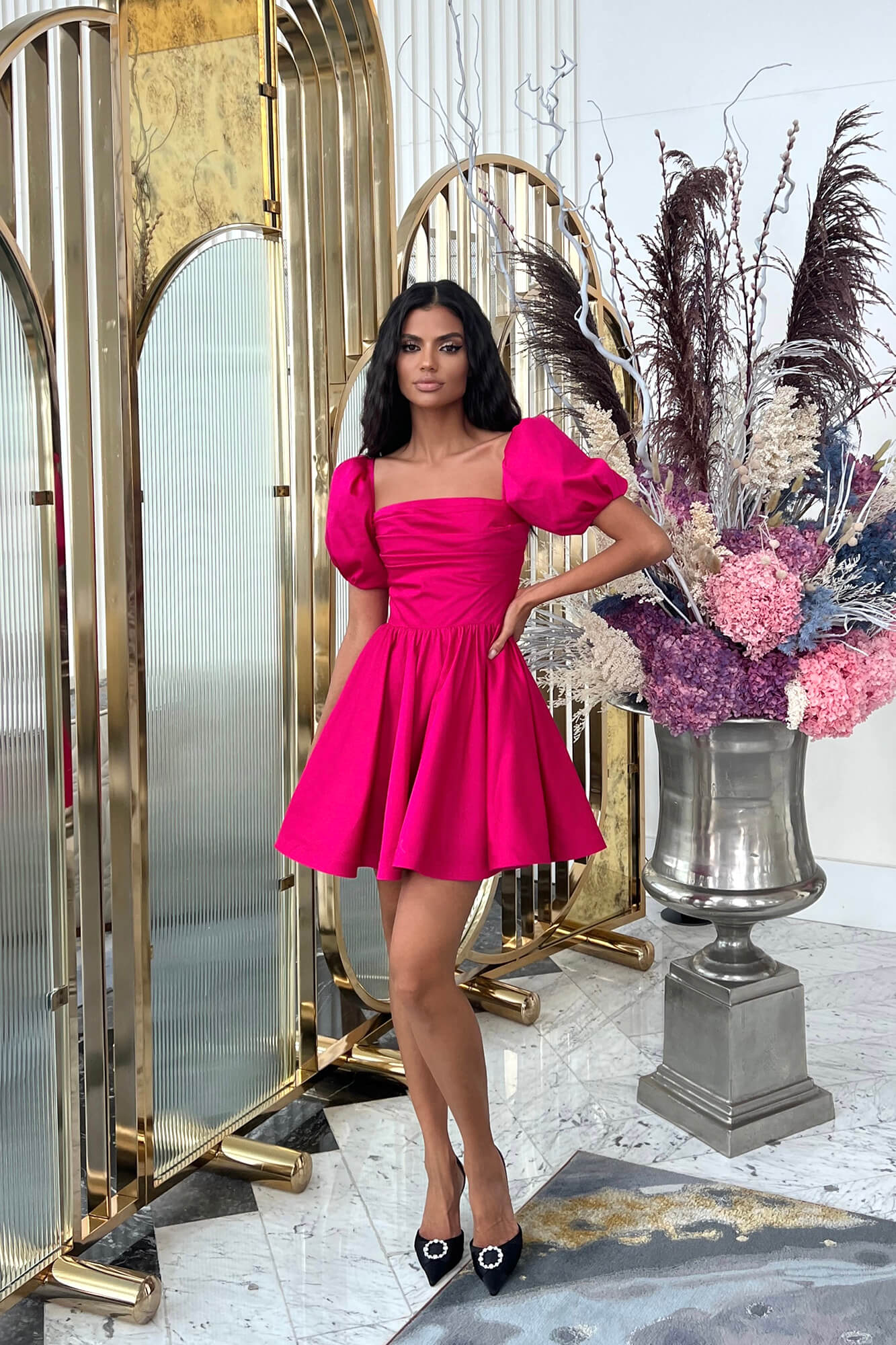 Puffy Sleeve Draped Bodice Mini Dress