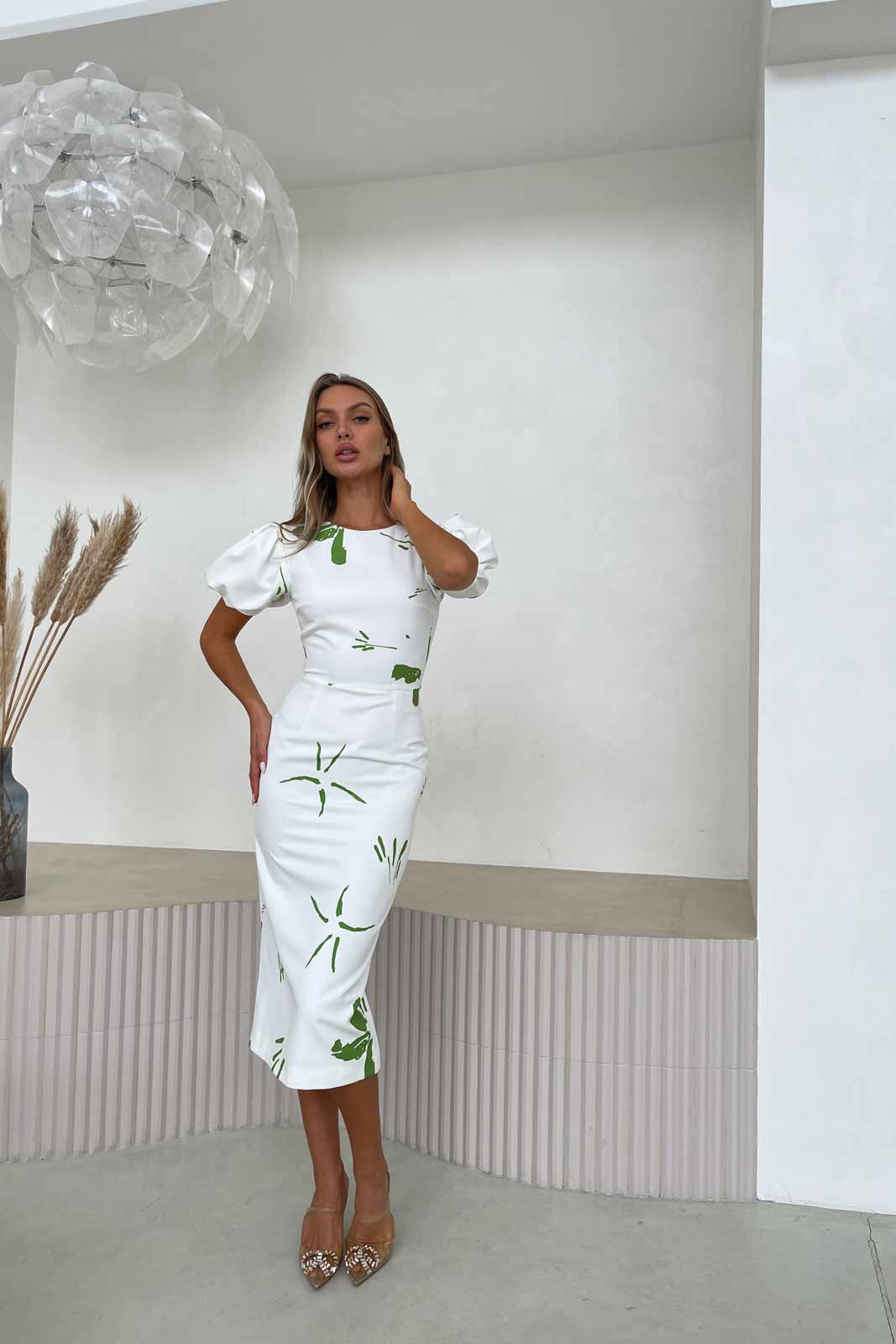 Voluminous Sleeve Abstract Print Midi Dress