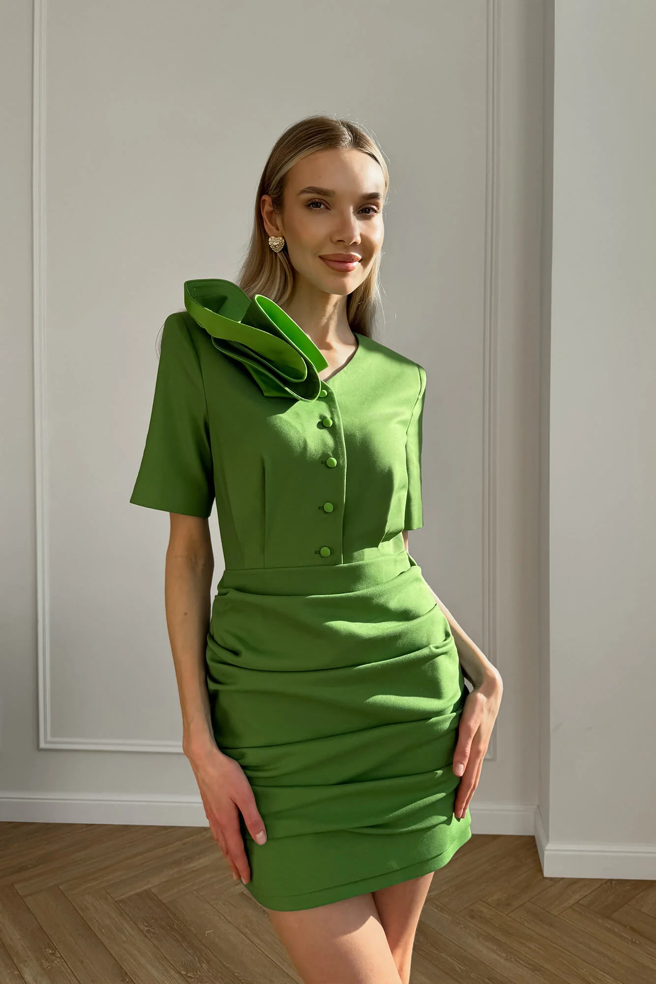 Decorated Shoulder Draped Skirt Mini Dress