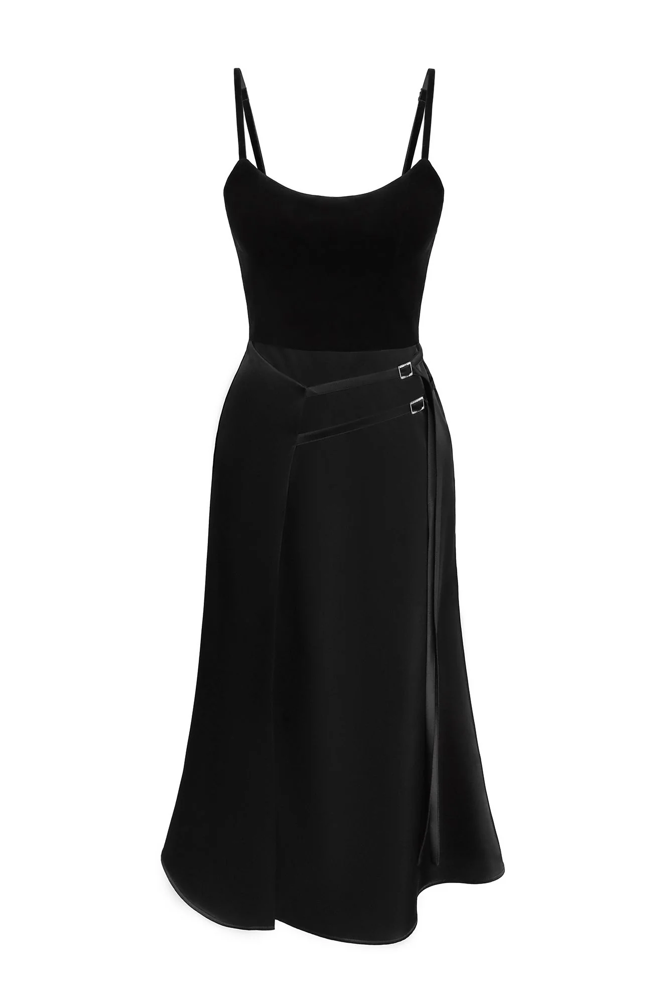 Velvet Bodice Decorated Straps Midi Dress