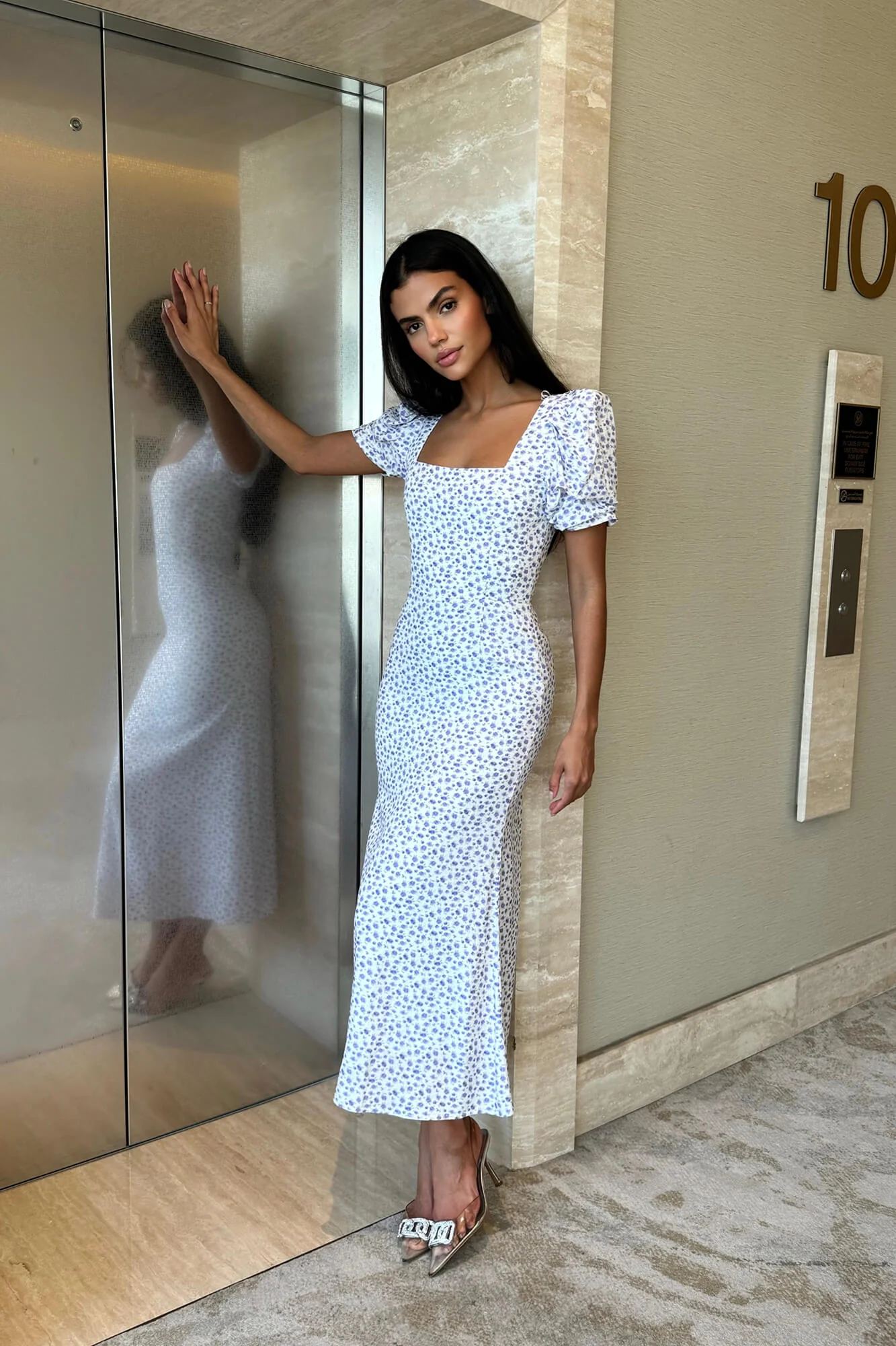 Godet Silhouette Square Neck Midi Dress