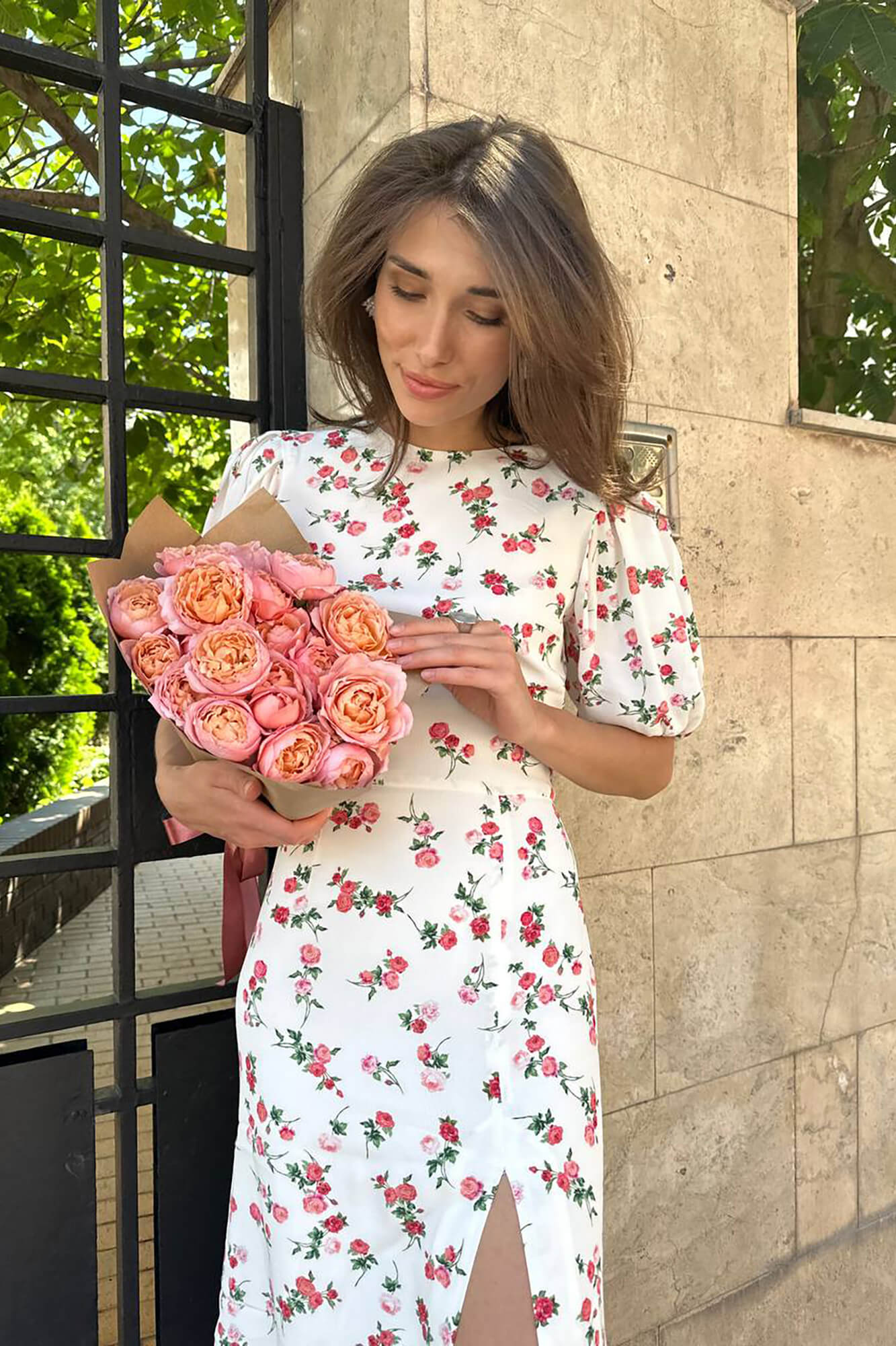 Viscose Puff Sleeve Slit Midi Dress