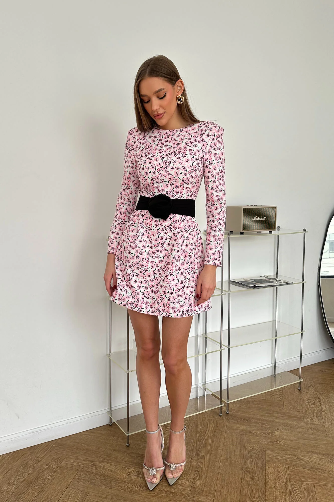 Long Sleeve Mini Dress with removable Rose belt