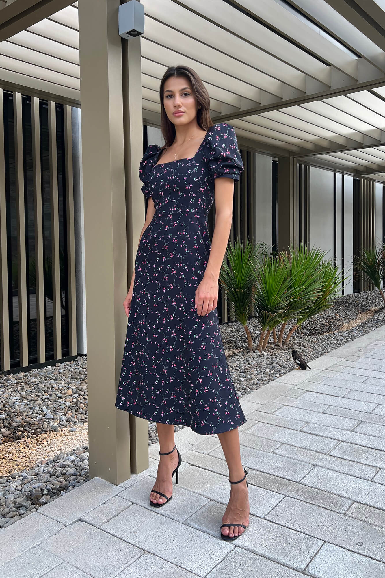 Godet Silhouette Square Neck Midi Dress