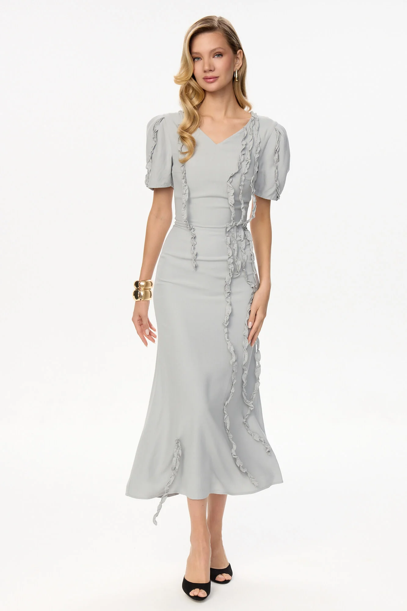 Short Sleeve Ruffle Detail Midi Dress