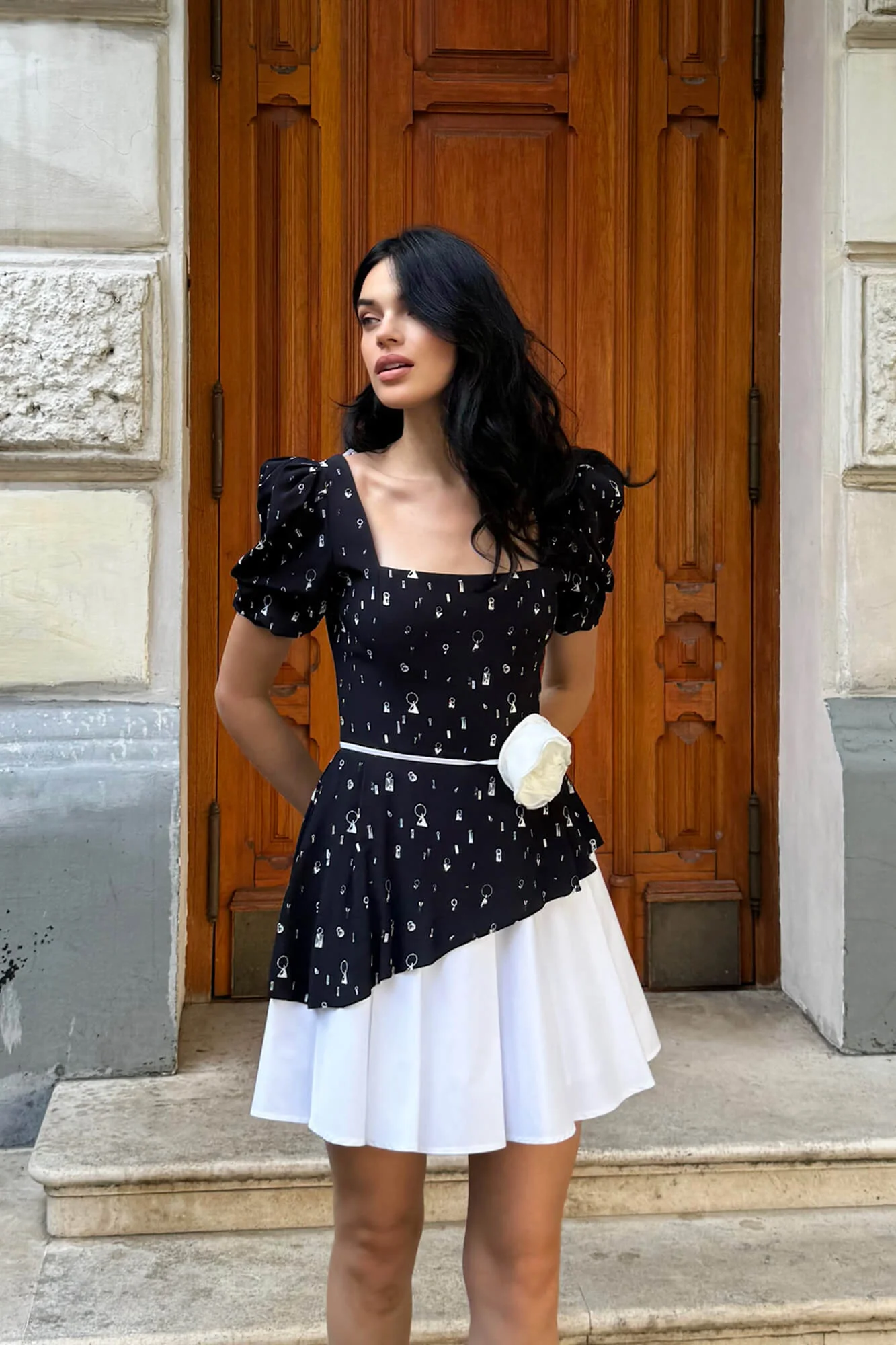 Square Neckline Mini Dress with Rose Belt