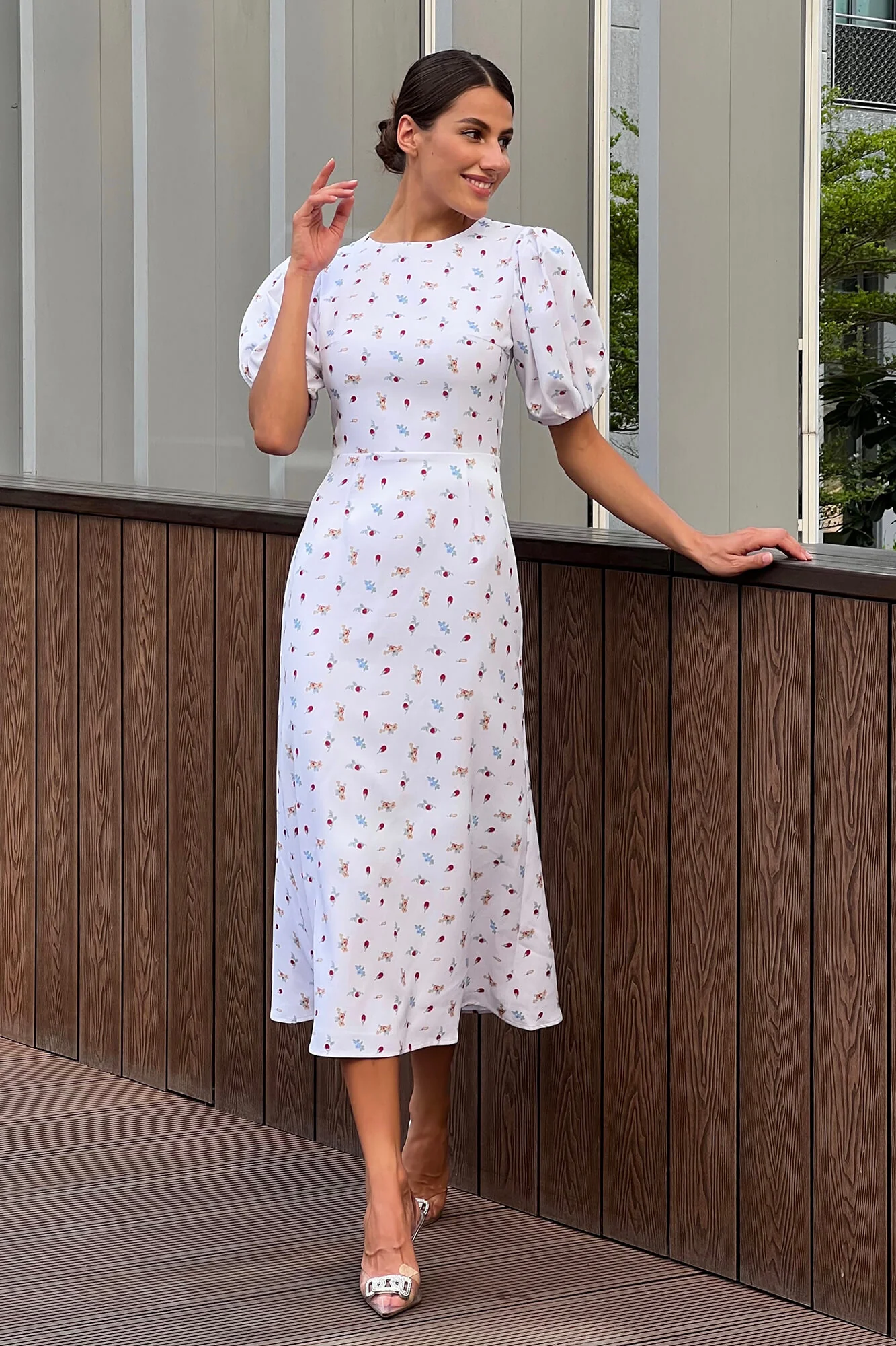 Puff Sleeve Printed Midi Dress