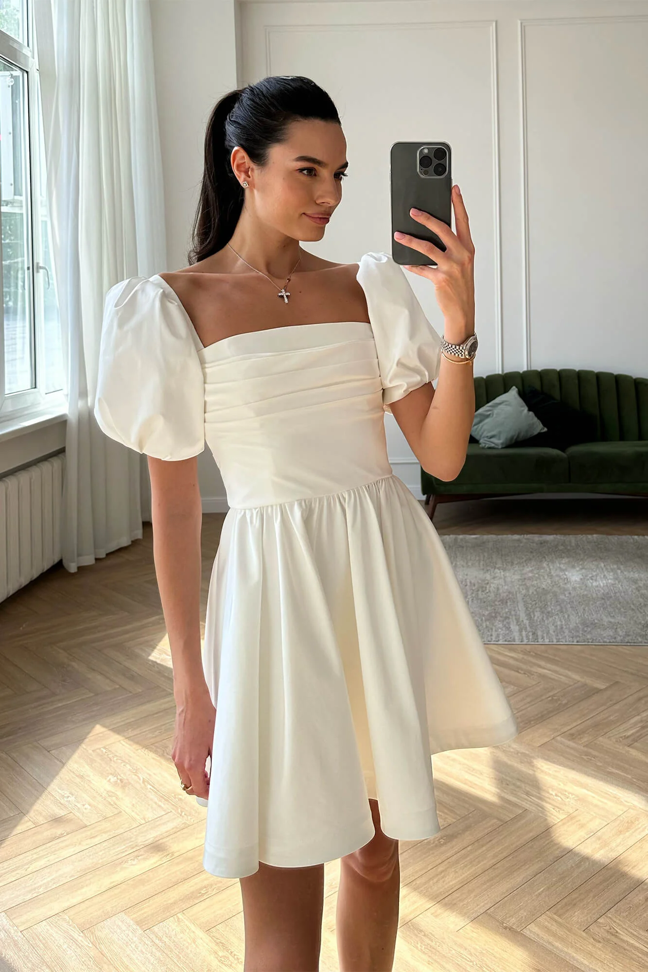 Puffy Sleeve Draped Bodice Mini Dress