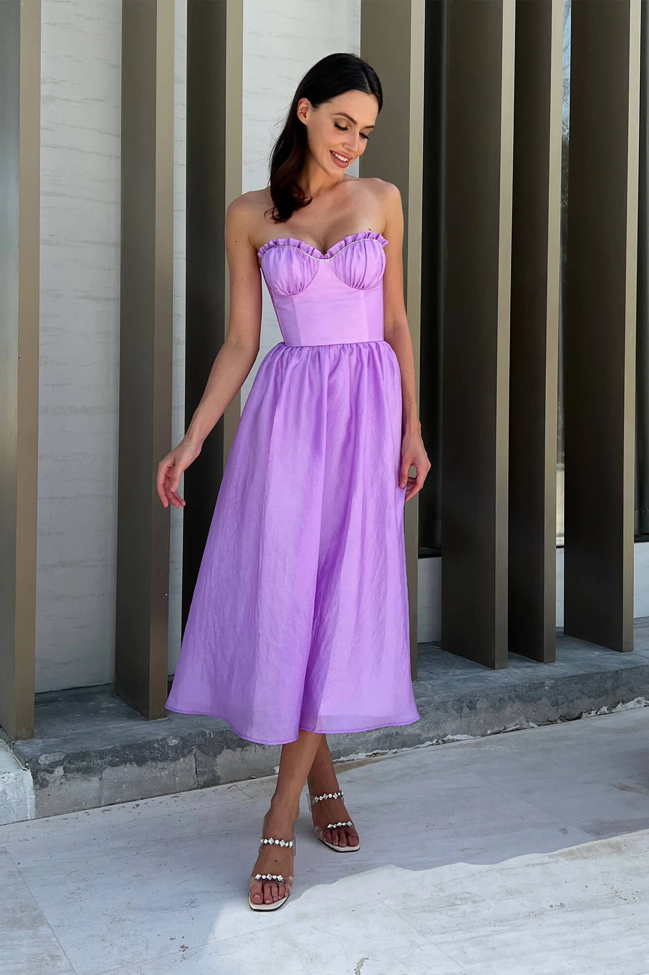 Draped Bodice Pleated Midi Dress