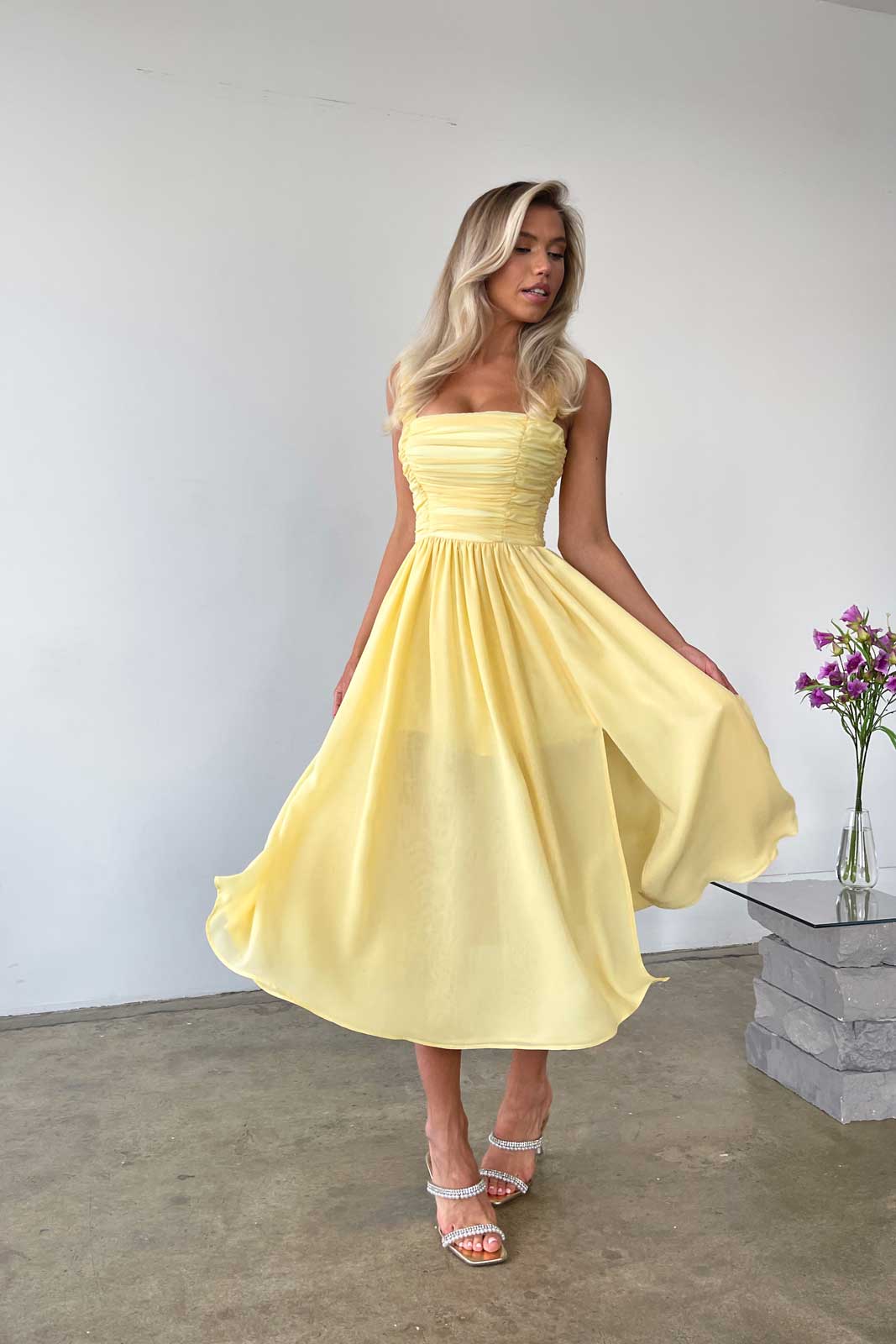 Draped Bodice Chiffon Midi Dress