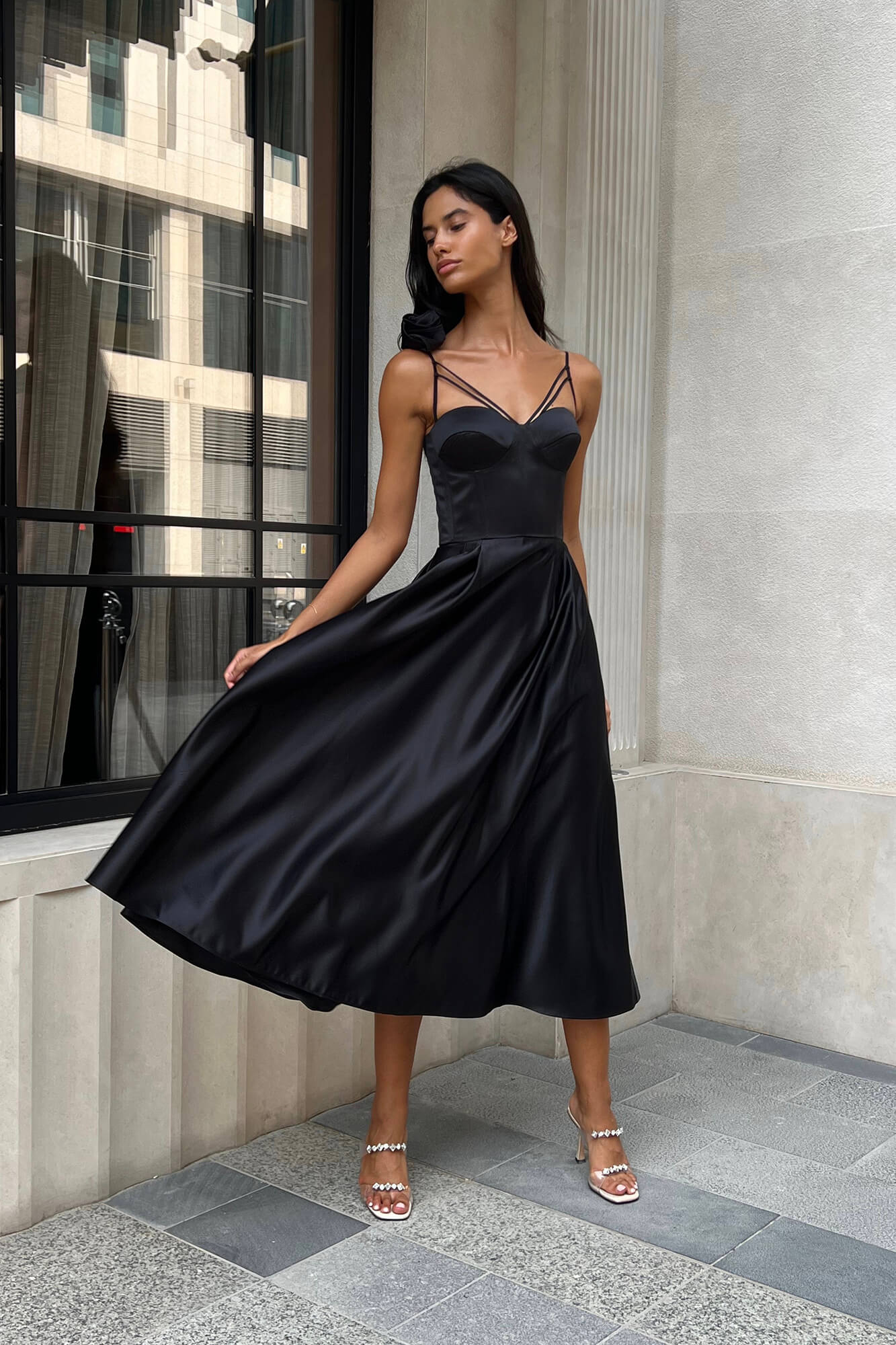 Rose Detail Bell Corset Midi Dress