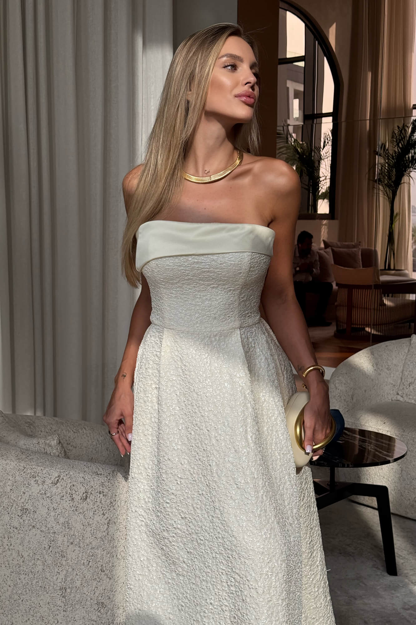 Jacquard Midi Dress with Satin Turn-up