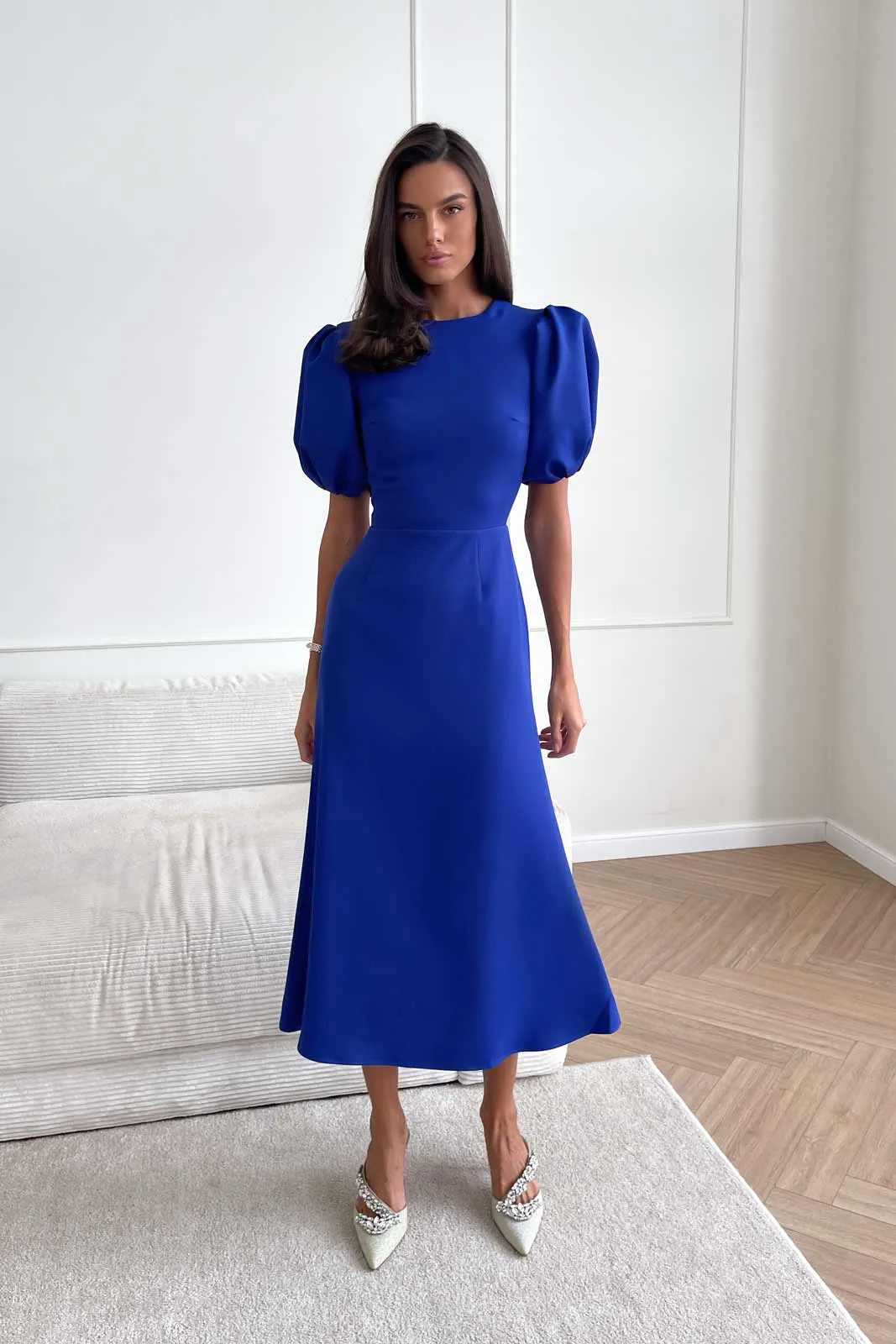 Godet Silhouette Puff Sleeve Midi Dress