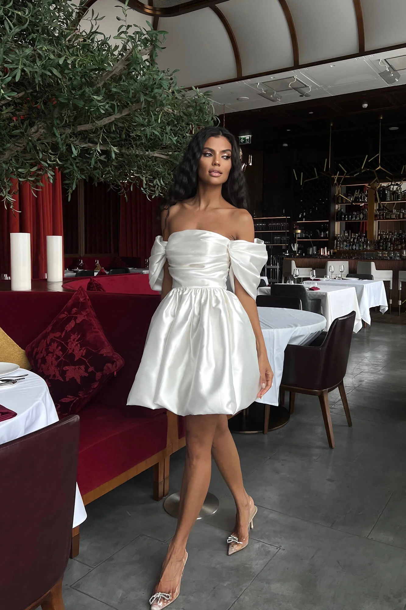 Draped Bodice Puffy Skirt Mini Dress