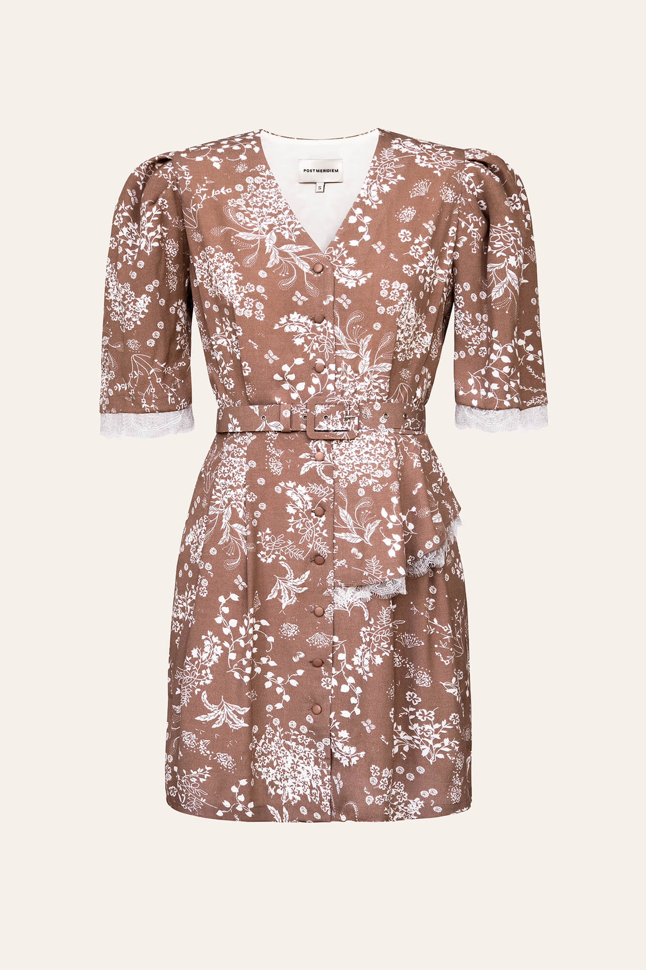 Lace Decorated Button Front Mini Dress with Belt