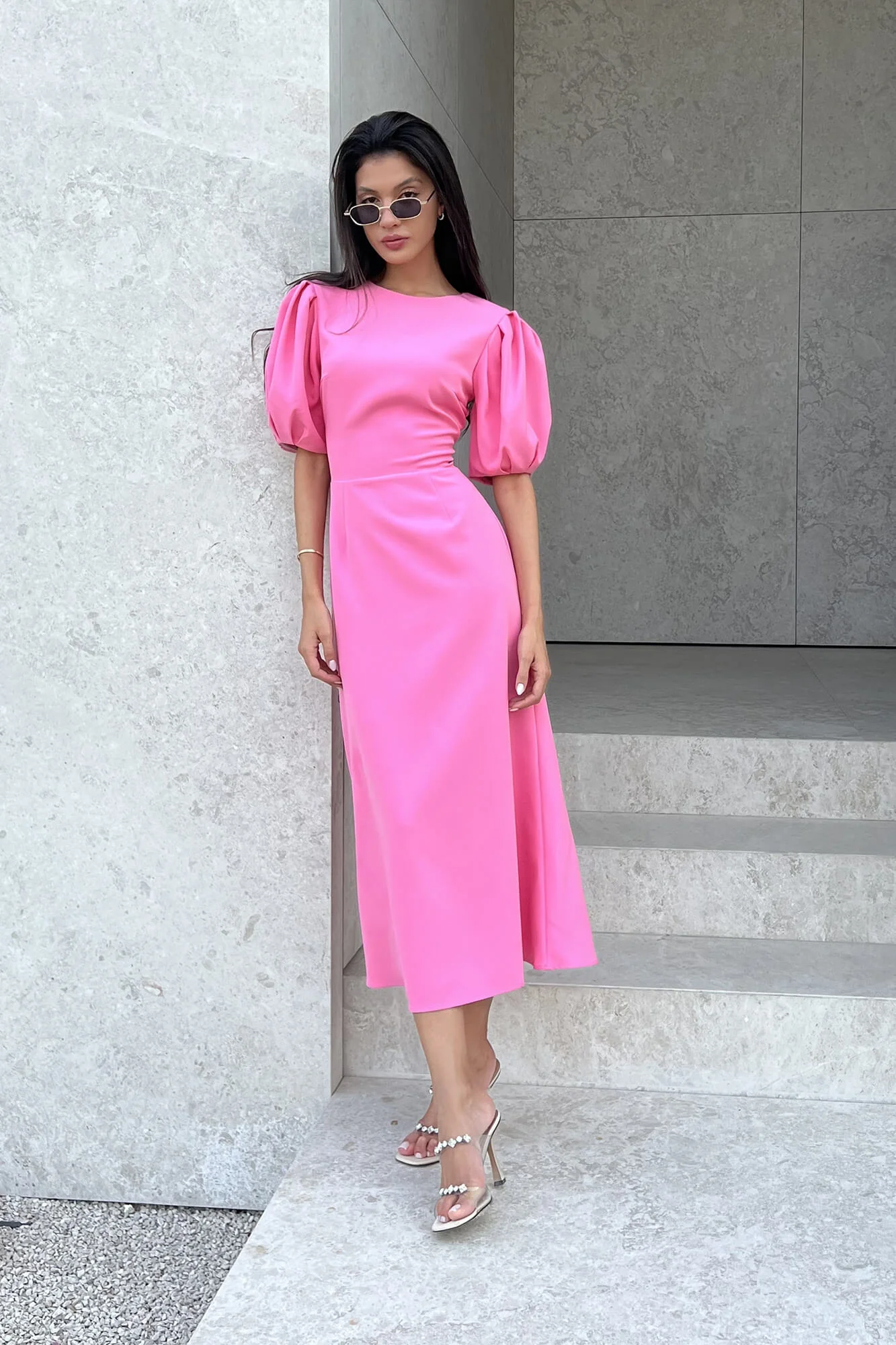 Godet Silhouette Puff Sleeve Midi Dress