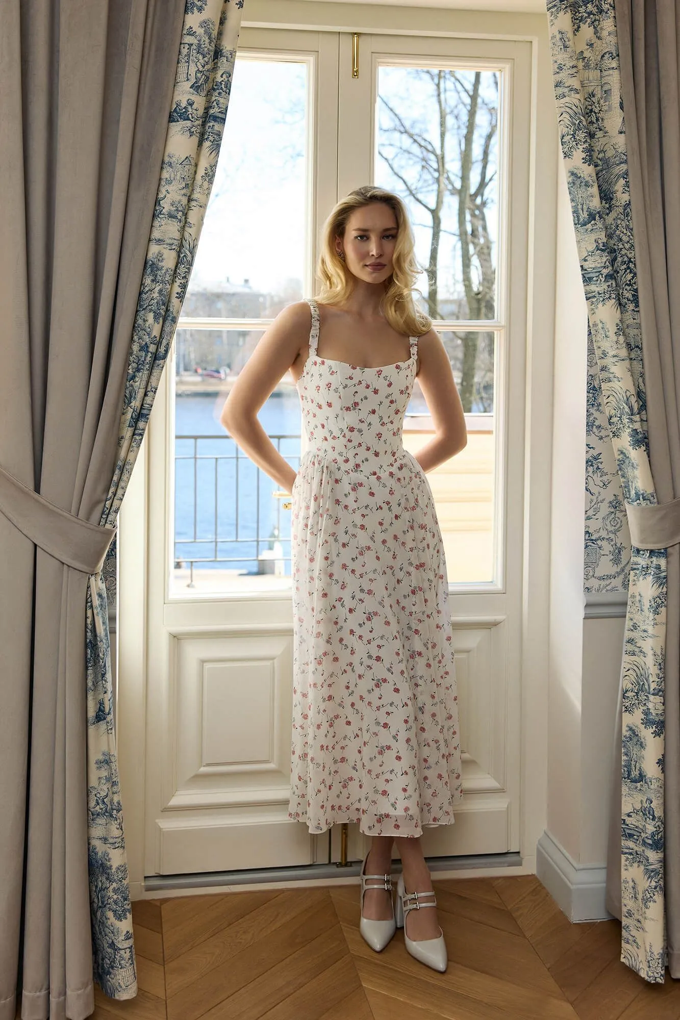 Strap Midi Dress with Corset-Style Bodice