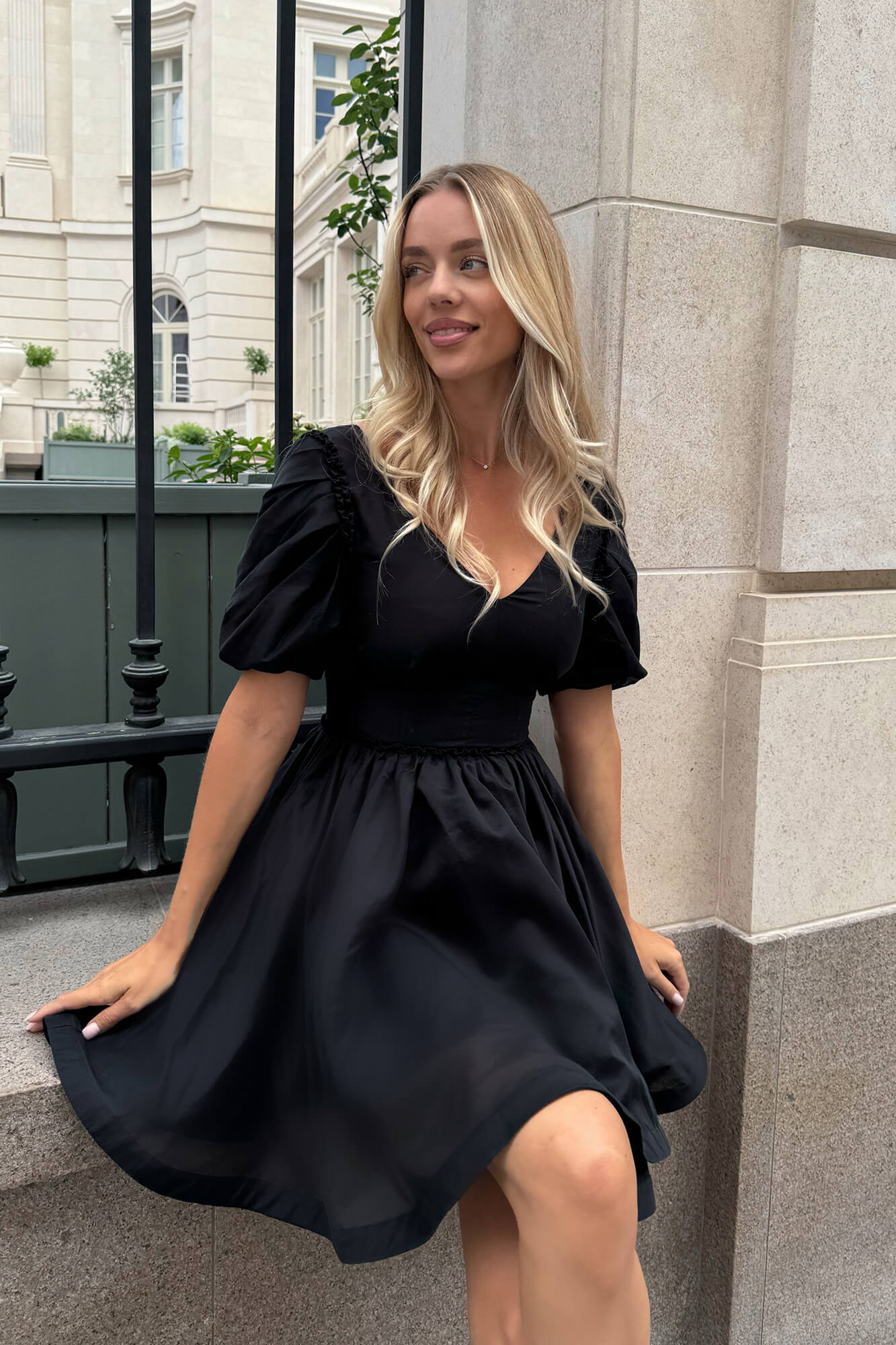 Pleated Sleeve Full Skirt Mini Dress