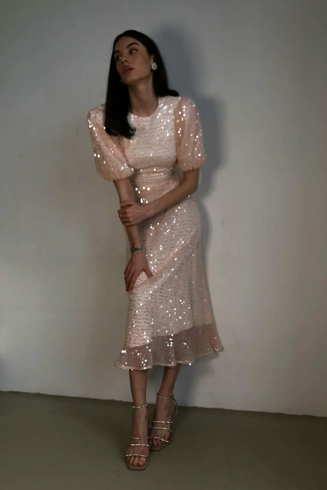 Sequin Puff Sleeve Midi Dress