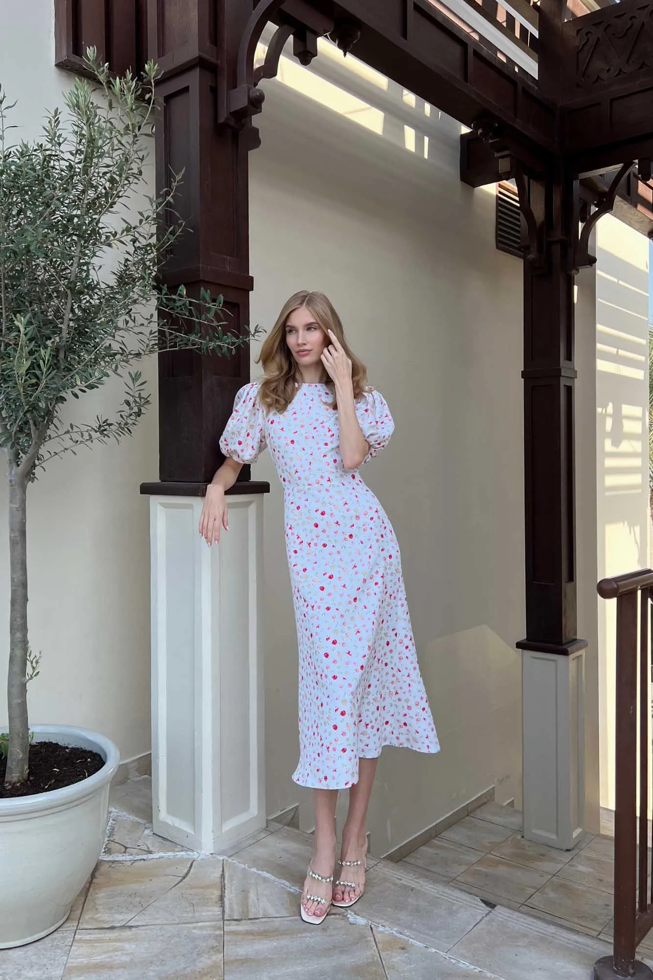 Puff Sleeve Printed Midi Dress